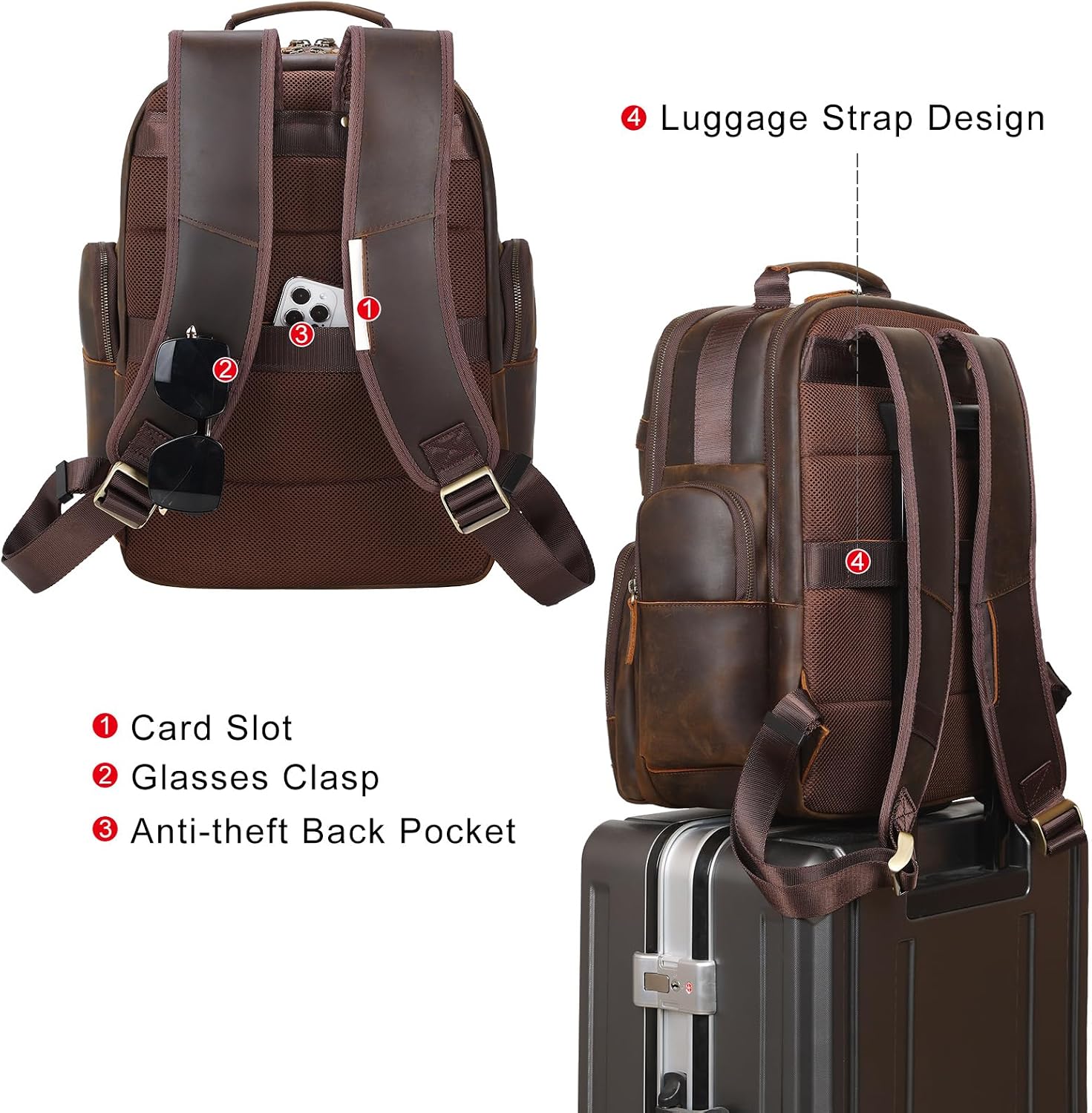 TIDING Men's Vintage Leather Backpack 15.6' Laptop Bag Large Capacity Business Travel Hiking Shoulder Daypacks