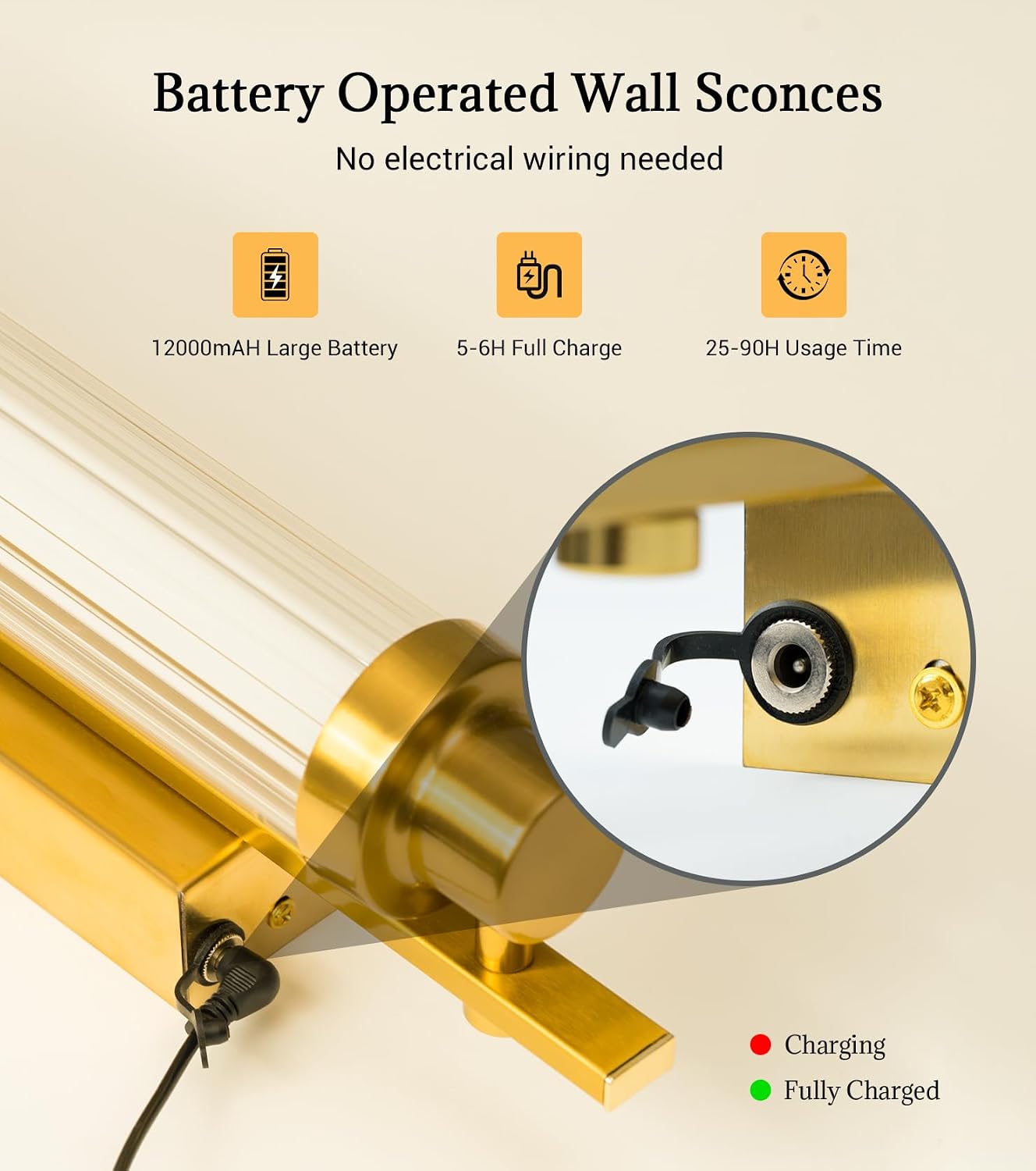 Battery Operated Wall Sconce Set of Two,12000 mAh Rechargeable Wall Sconce with Remote Battery Powered Wall Light LED Crystal Glass Gold Wall sconces for Bathroom, Living Room, Hallway, Mirror