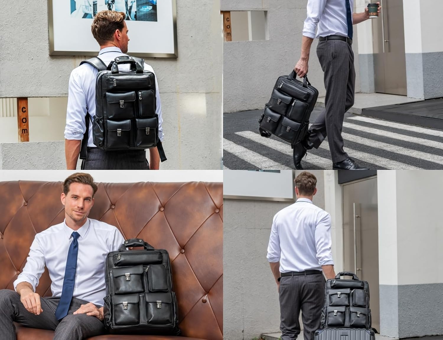 Masa Kawa Black Leather Backpack for Men 15.6 Inch Laptop Bag Multi Pockets Casual Work Business Travel Daypack
