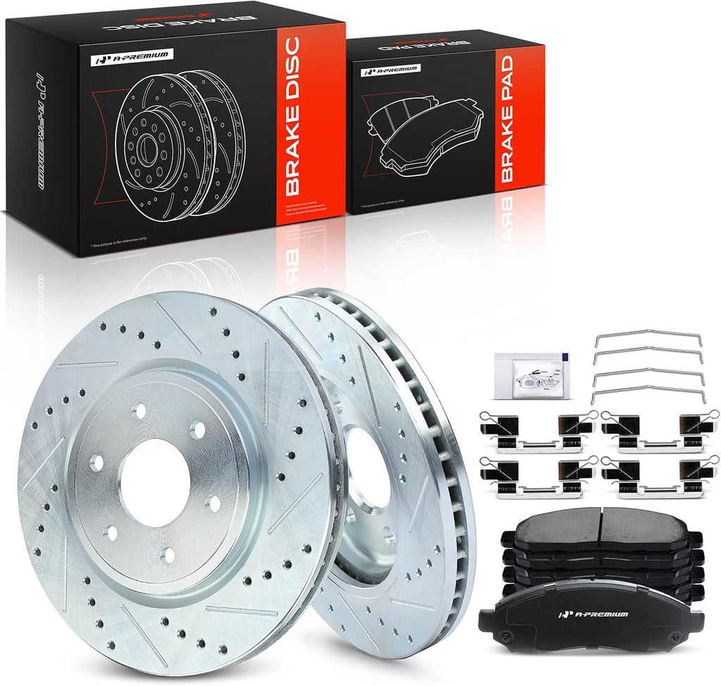 A-Premium 11.65 inch (296mm) Front Drilled and Slotted Disc Brake Rotors + Ceramic Pads Kit Compatible with Select Nissan and Suzuki Models - Frontier 2005-2019, Pathfinder 2005-2012, Xterra, Equator