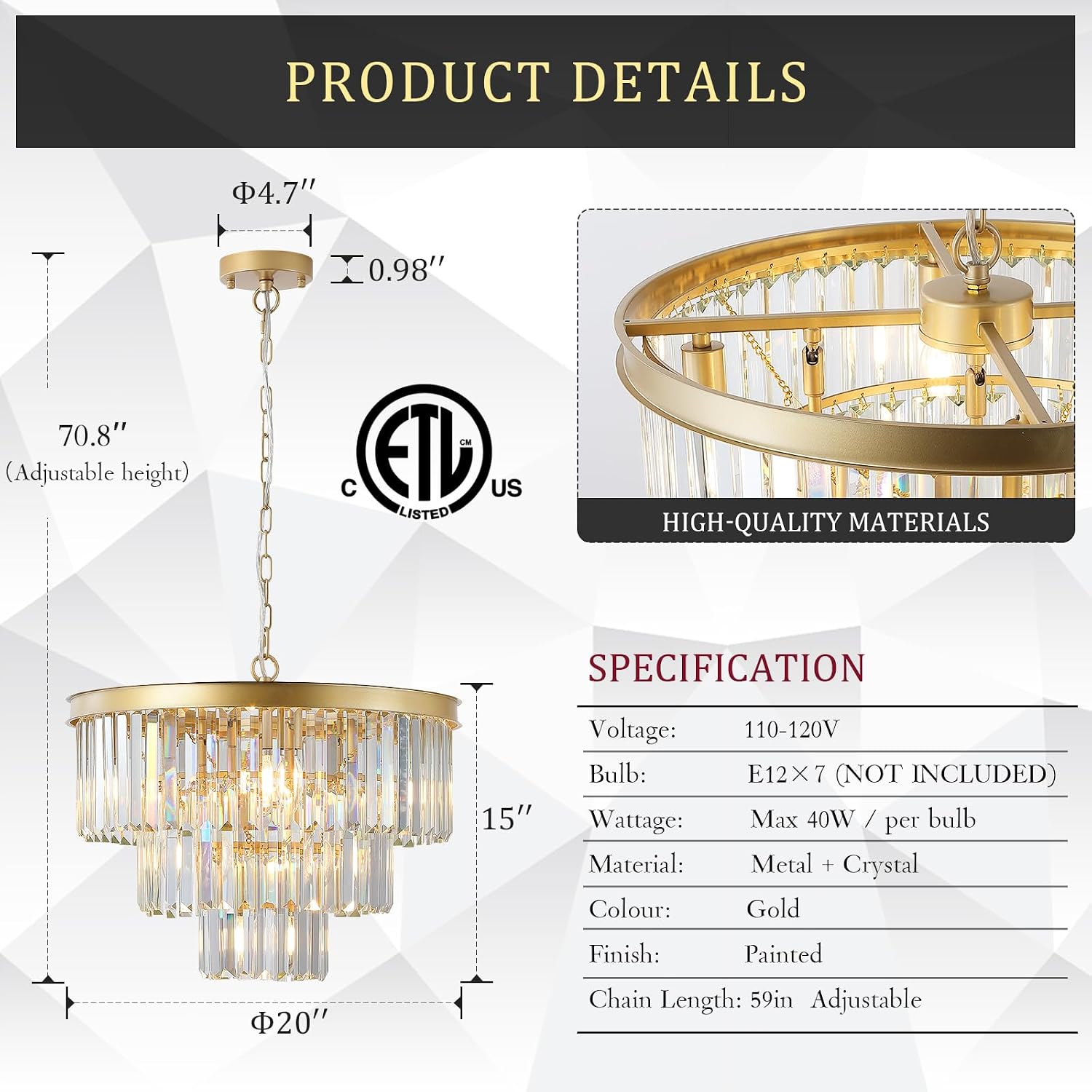 CATINER Modern Crystal Chandeliers,Gold 20' Round Chandeliers for Dining Room 3 Tiers 7 Lights Luxury K9 Crystal Ceiling Pendant Light Fixture for Foyer Bedroom Closet