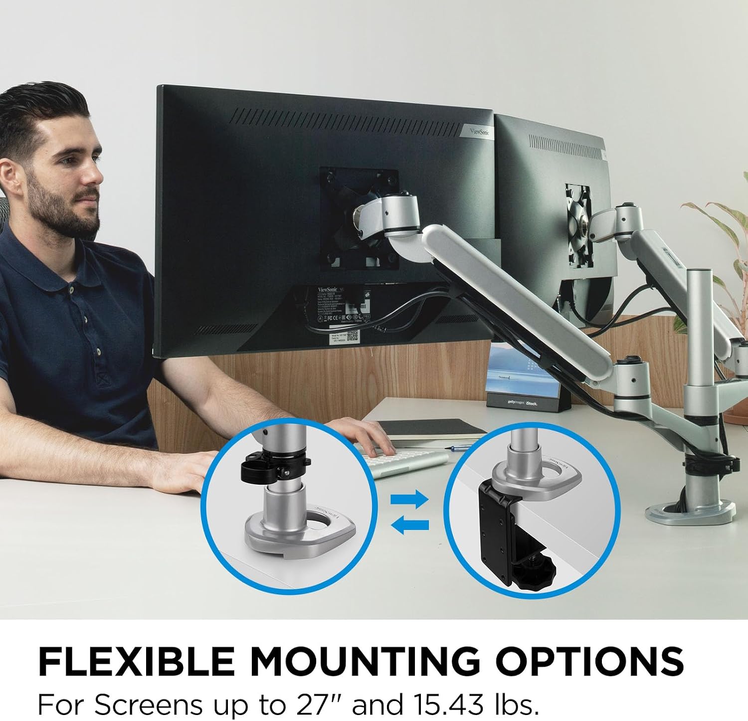ViewSonic LCD-DMA-002 Spring-Loaded Monitor Desk Mounting Arm for 2 Monitors up to 27 Inches Each, VESA Compatible, Full Ergonomic Adjustability, 2-in-1 Mounting Base, and Built-in Cable Management