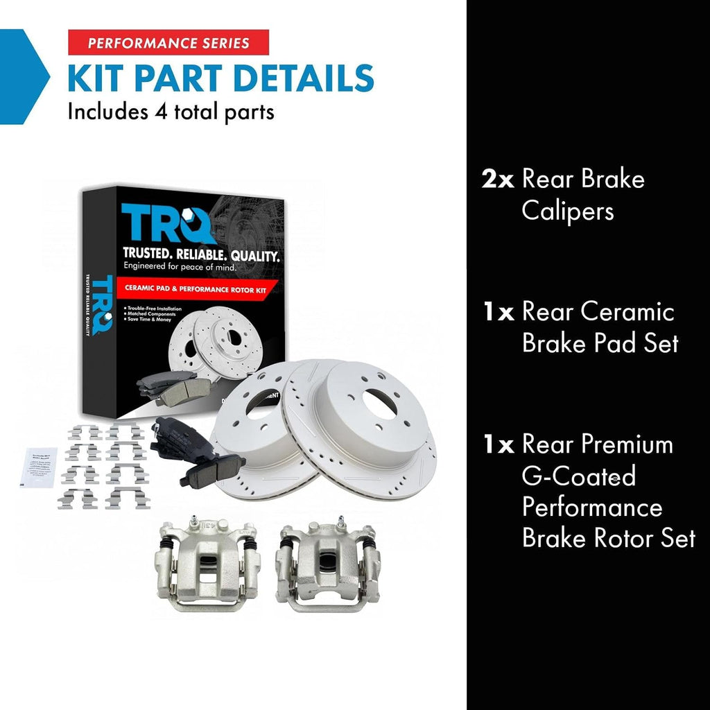 TRQ Performance Rear Brake Pad and Rotor Set Ceramic Vented Coated Rotors Calipers Compatible with 2003-2008 Infiniti FX35 FX45