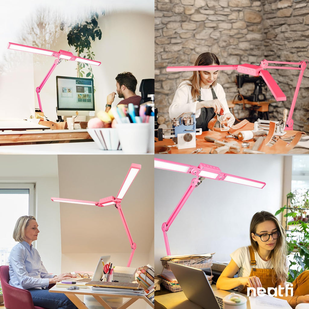 Neatfi LED Desk Lamp | 3,000 Lumens | Dimmable 30W Desk Light | 360 SMD LEDs | CRI 95 | Adjustable Color Temperature | Task Lamp for Home, Office, or Workbench (Pink, 41-Inch, CCT with Clamp)