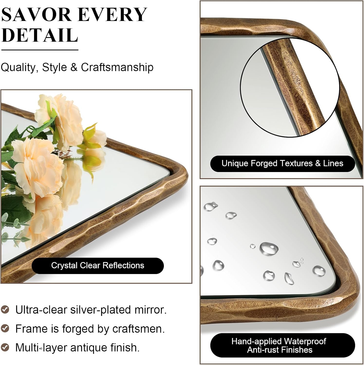 ANDY STAR Hand-Forged Gold Bathroom Mirrors for Wall, 22x30 Inch Vintage Solid Steel Metal Frame Bathroom Vanity Mirror, Antique Rounded Rectangle Wall Mirror, Hangs Horizontally or Vertically