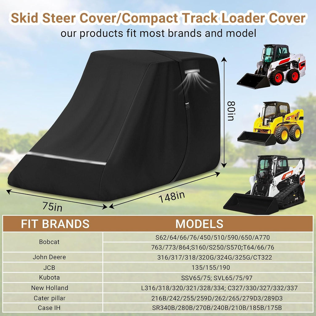 900D Skid Steer Cover Waterproof Heavy Duty, Windproof UV Protection Track Loader Cover Compatible with Bobcat, John Deere, Kubota, Caterpillar, Case, New Holland, JCB, 148 * 75 * 80 inch