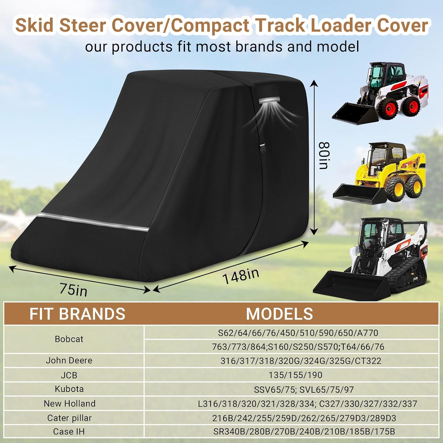 900D Skid Steer Cover Waterproof Heavy Duty, Windproof UV Protection Track Loader Cover Compatible with Bobcat, John Deere, Kubota, Caterpillar, Case, New Holland, JCB, 148 * 75 * 80 inch