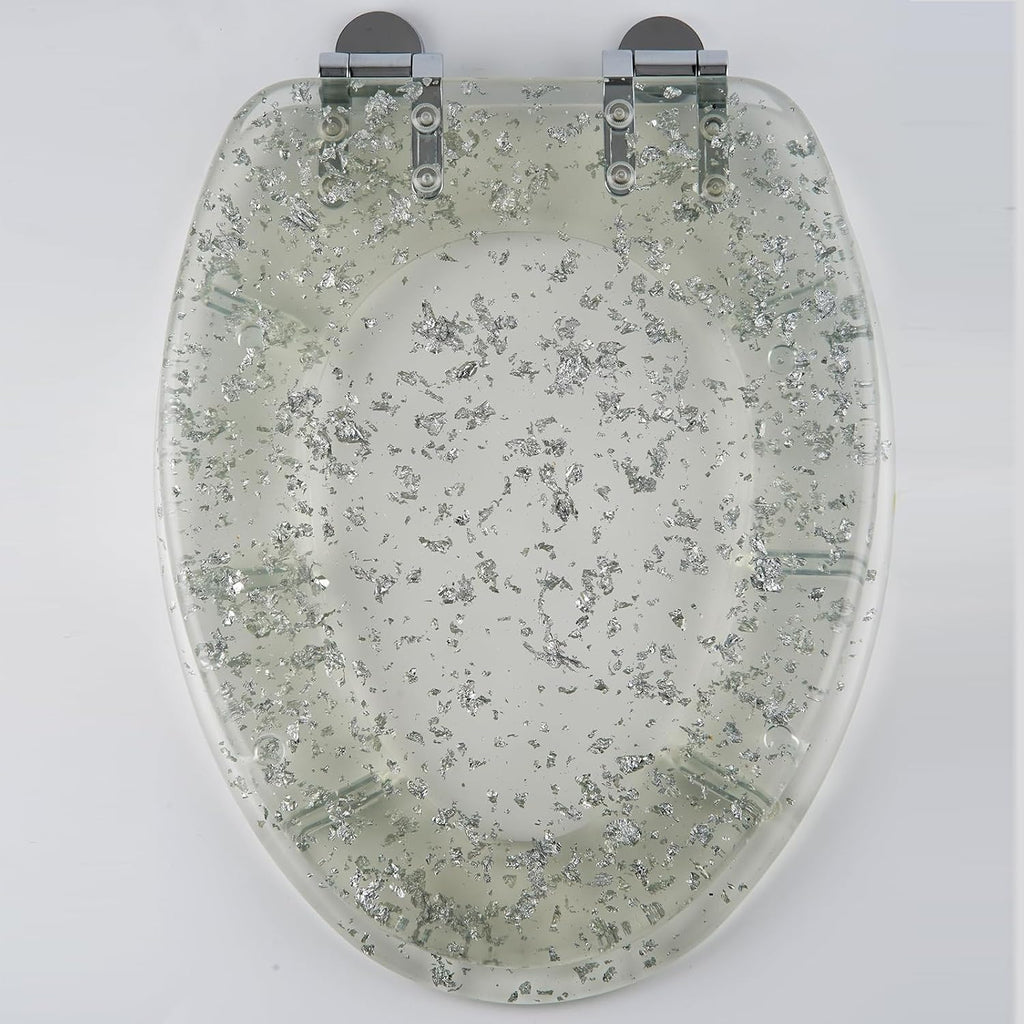 Elongated Soft Close Resin Toilet Seat with Glitter Cover, 360° Adjustable Hinges, Quick Release, Heavy Duty - Silver/Gold