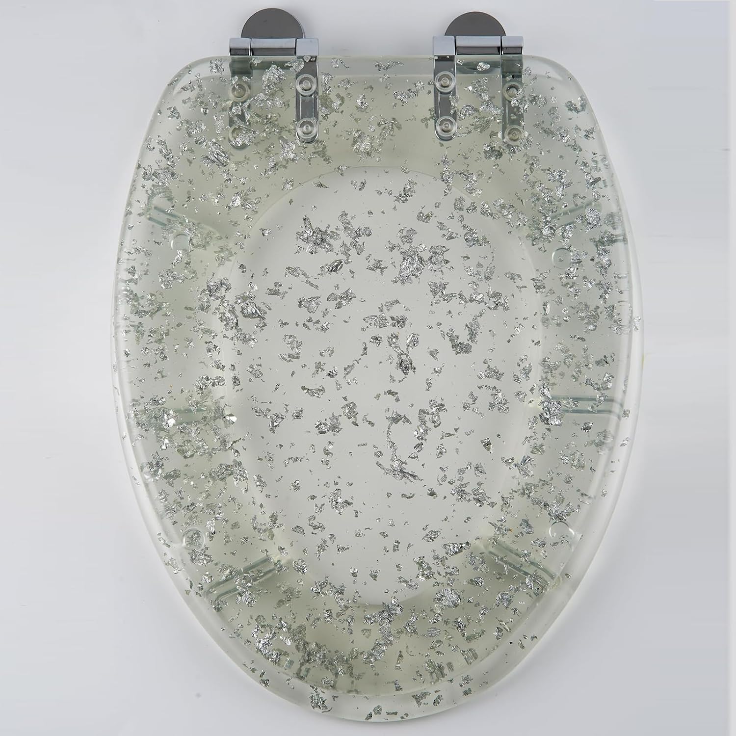 Elongated Soft Close Resin Toilet Seat with Glitter Cover, 360° Adjustable Hinges, Quick Release, Heavy Duty - Silver/Gold