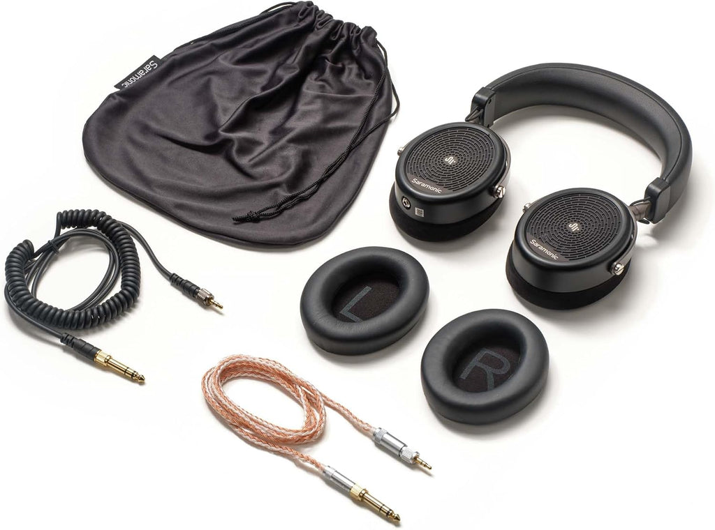 Saramonic Professional Wired Studio Headphones with Coiled Cable, Flexible Straight Cable, Velvet Earpads, Leather Earpads, 1/4' Adapter, & Carry Pouch