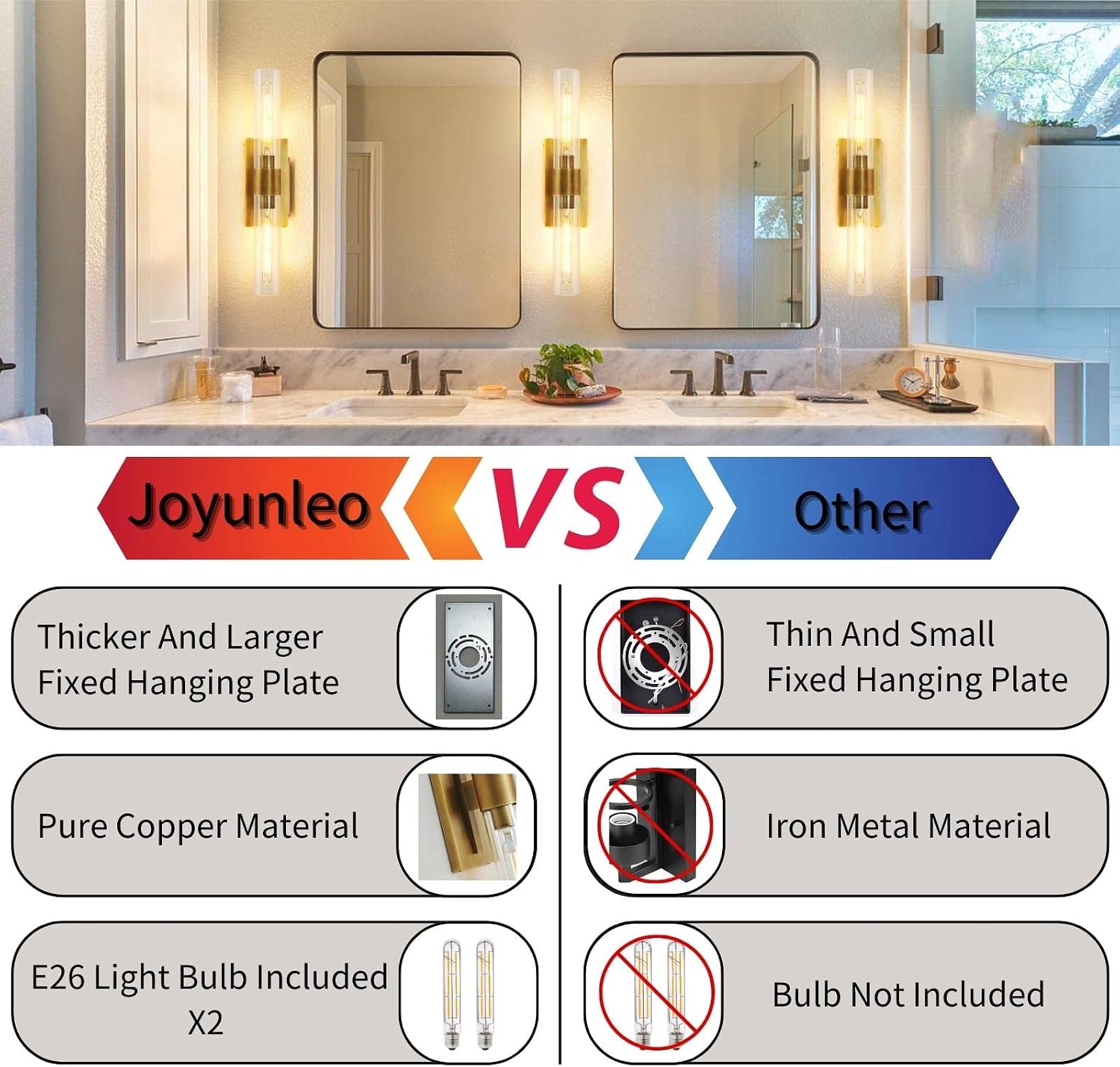 Brass Wall Sconces, 22.8' Bathroom Wall Sconce, Antique Brass Wall Sconces Set of 2, 2-Light Dimmable Wall Sconce, Sconces Wall Lighting With Glass, Bathroom Vanity Light, Tube Sconce for Living Room