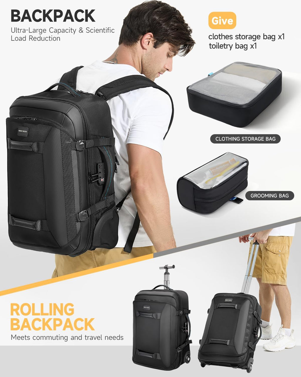 Backpack with wheels,Rolling laptop backpack with 2 Packing Cubes,Water-Resistant,Wheeled backpack Suitcase for Men Adults to Travel, Commuting,Black