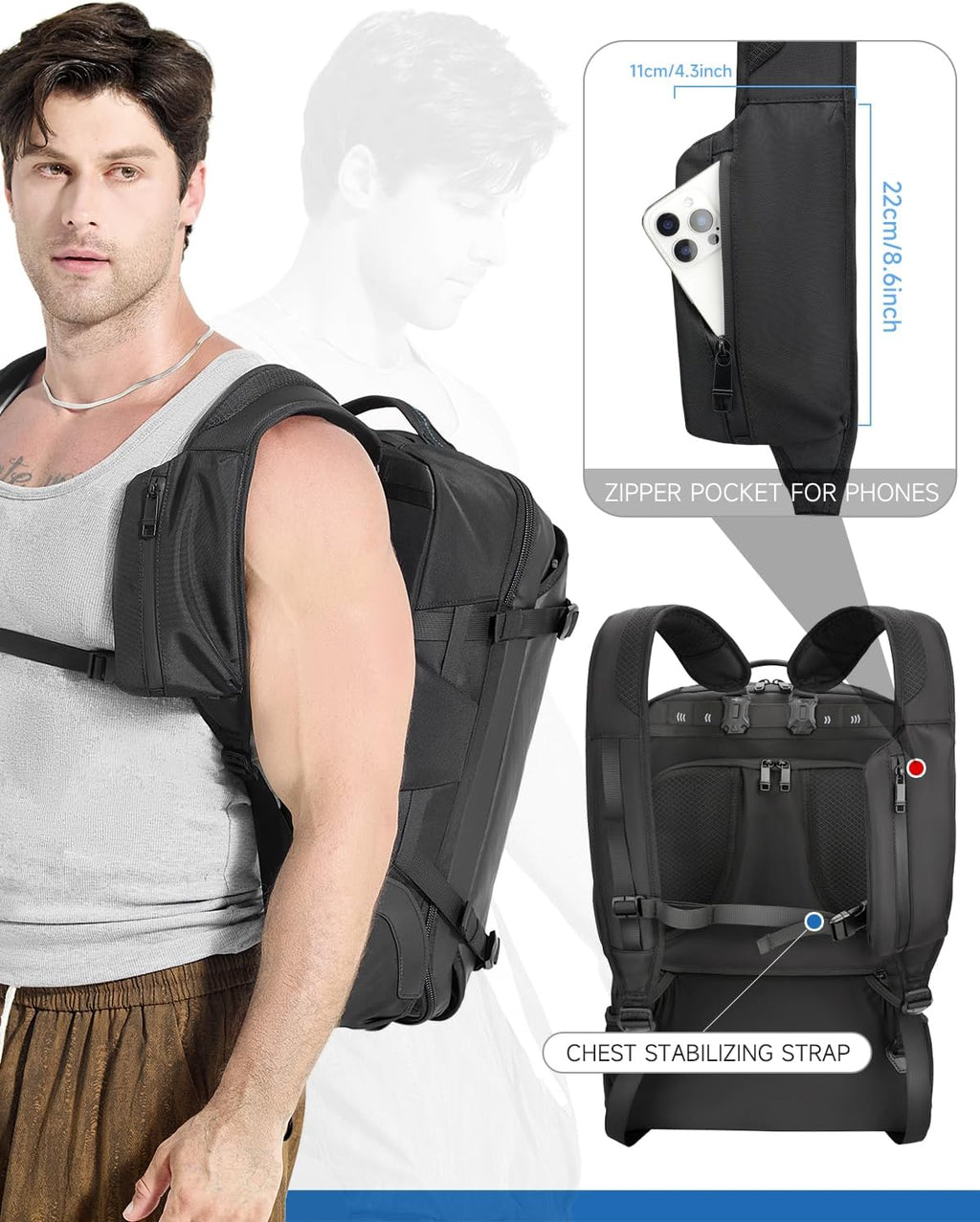 Backpack with wheels,Rolling laptop backpack with 2 Packing Cubes,Water-Resistant,Carry-On Luggage Suitcase for Men Adults to Travel, Commuting,Black