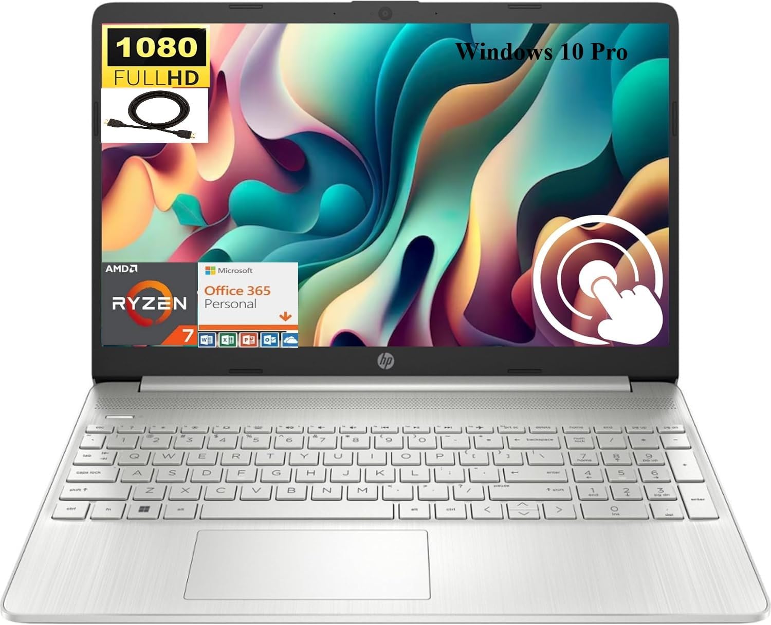 HP 15.6' FHD Touchscreen Laptop with Office 365, AMD Ryzen 7 4700U Processor, 32GB RAM 1TB SSD, Wi-Fi, Bluetooth, Webcam, SD Media Card Reader, Windows 10 Pro, Silver