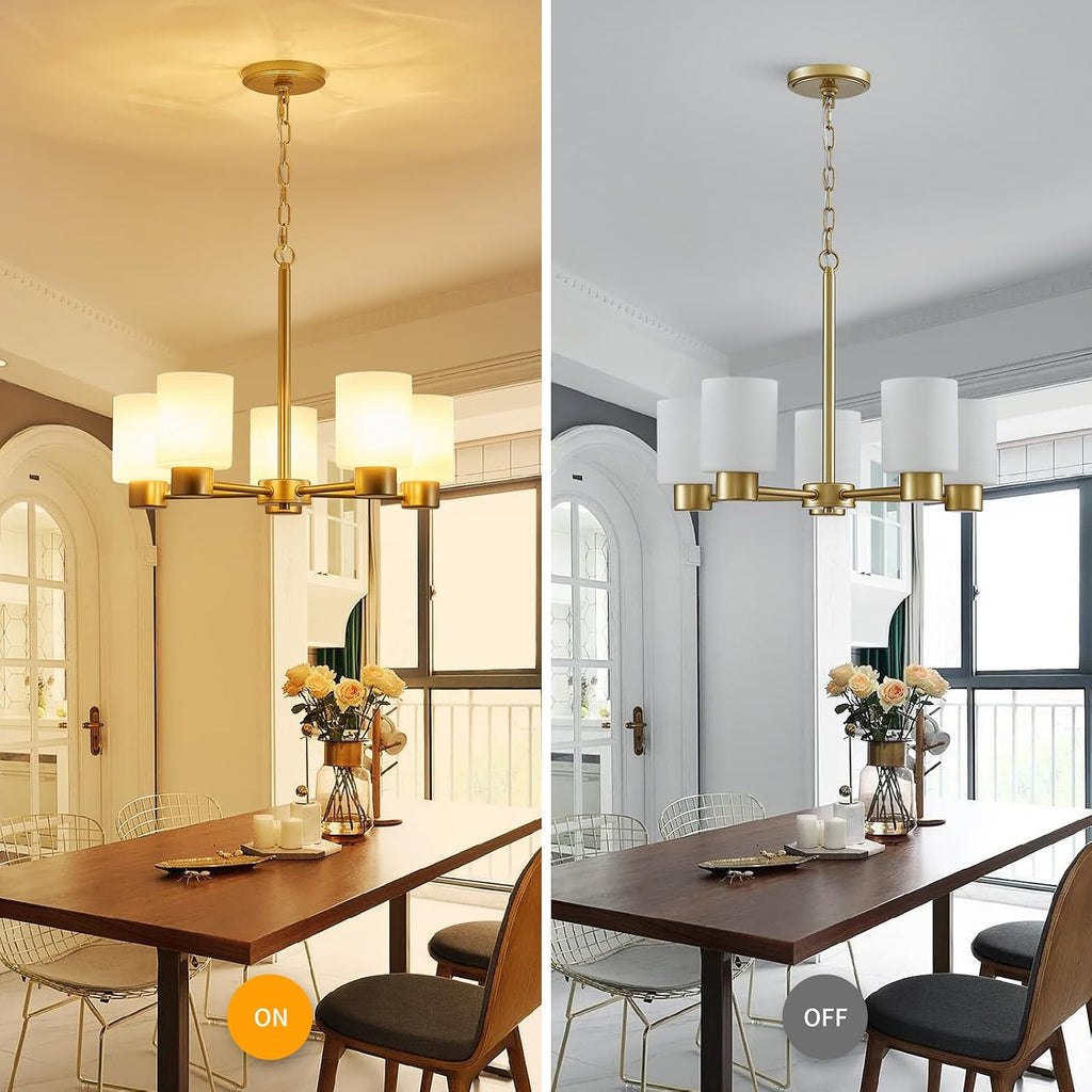 WUZUPS 5-Light Pendant Chandelier Light Frosted White Glass Shade with Grain Ceiling Lighting Elegant Modern Fixture Bathroom Kitchen Dining Room Entry Foyer, H 15.8' W21, E12 Base, Gold
