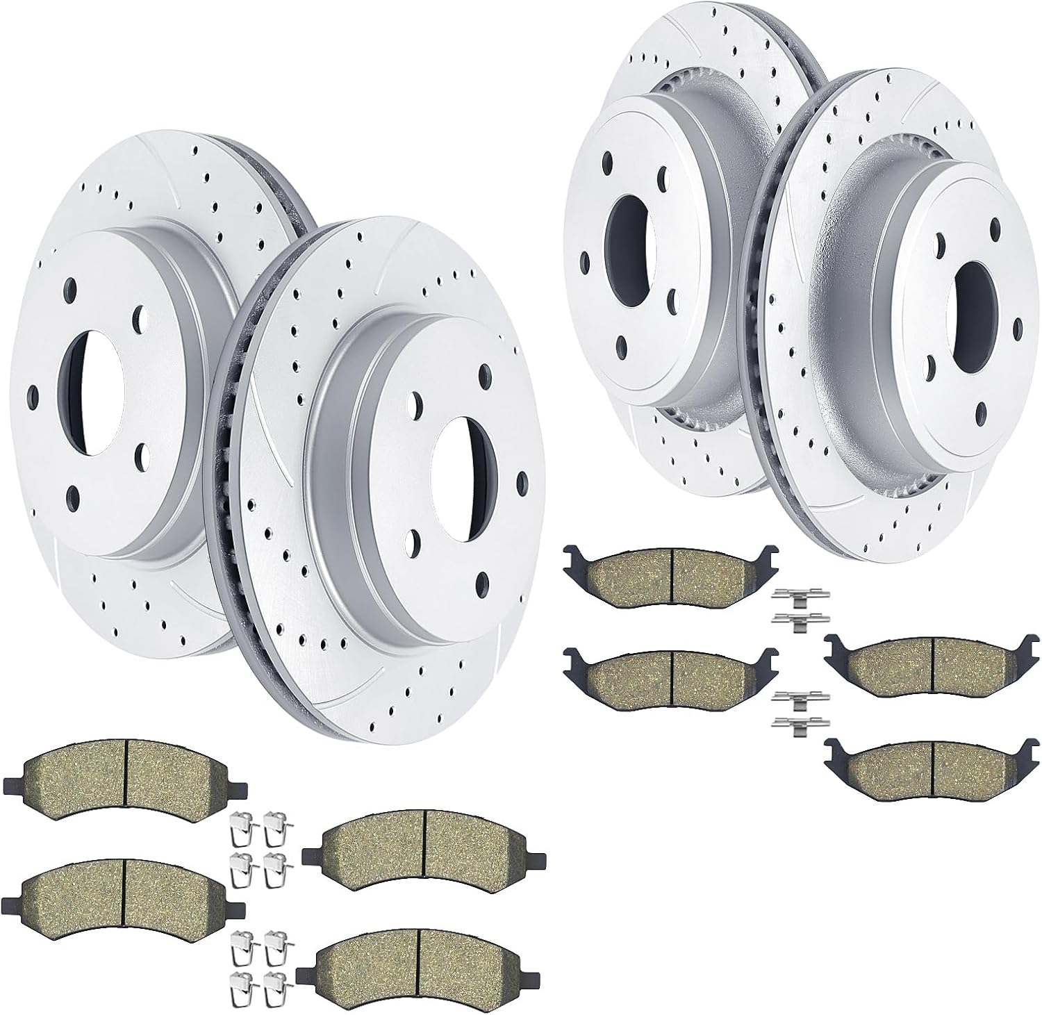 Front and Rear Drilled and Slotted Brake Rotors Ceramic Brake Pads Replacement for Dodge Ram 1500 Durango Chrysler Aspen 5 Lug Models