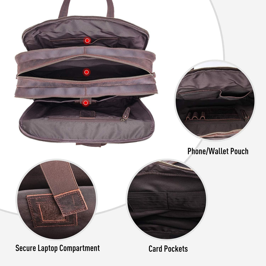 Polare 18'' Thick Full Grain Leather Fit 17.3' Laptop Business Briefcase Work Bag Overnight Bag For Men