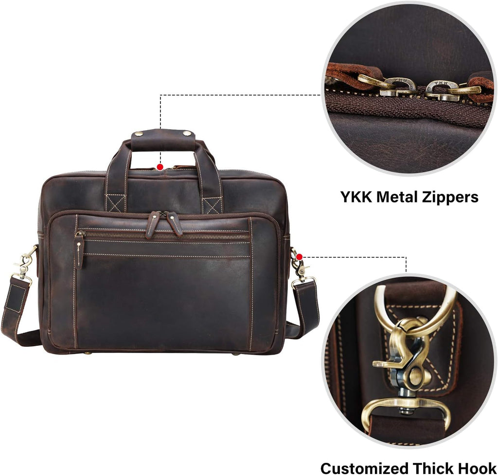 Men's Solid Thick Full Grain Leather 17.3' Laptop Briefcase Classic Messenger Bag Fit Business Travel | Solid, Thick, Full Grain Leather, 17.3', Classic, Fit