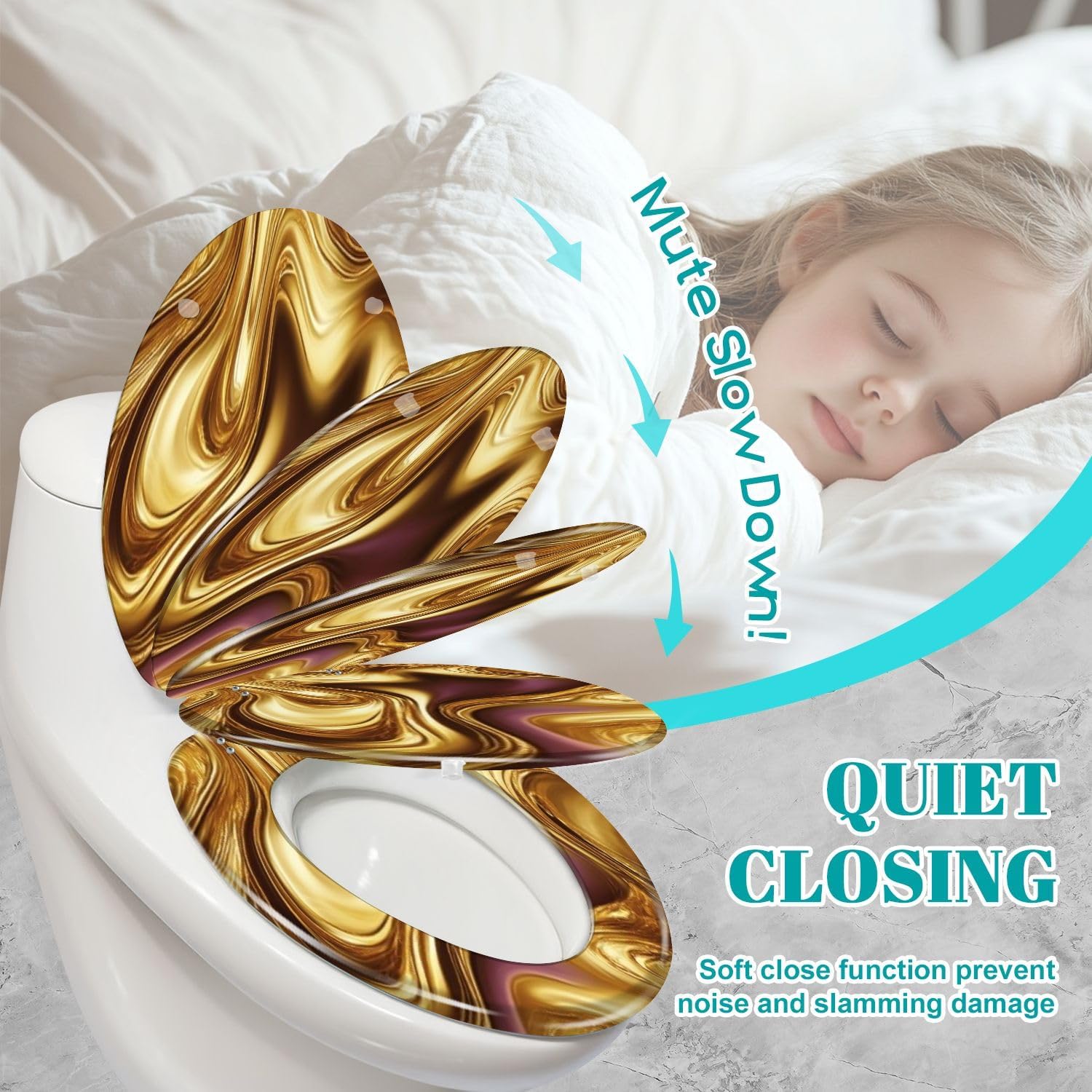 Elongated Toilet Seat Liquid abstract swirl fluid gold silver bronze Resin Toilet Seat Slow Quiet Close Lid with Quick-Release Hinges Cover Bumpers Easy to Clean Install