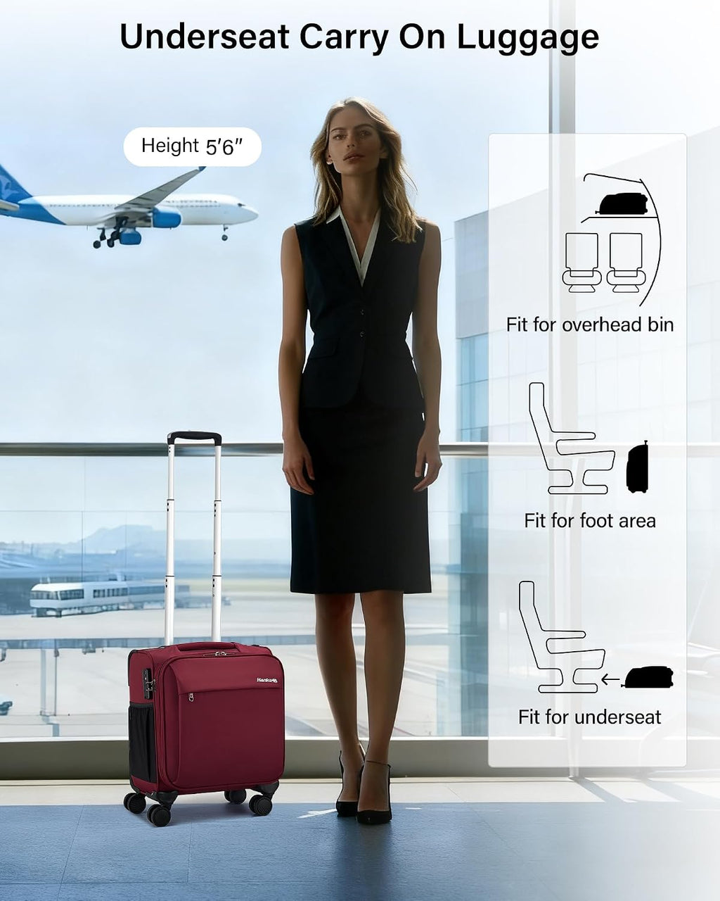 Hanke 16 Inch Underseat Carry On Luggage with Wheels Small Suitcase Softside Luggage Bags for Travel Lightweight Suitcases with Wheels Travel Luggage Personal Item for Men and Women(Burgundy)