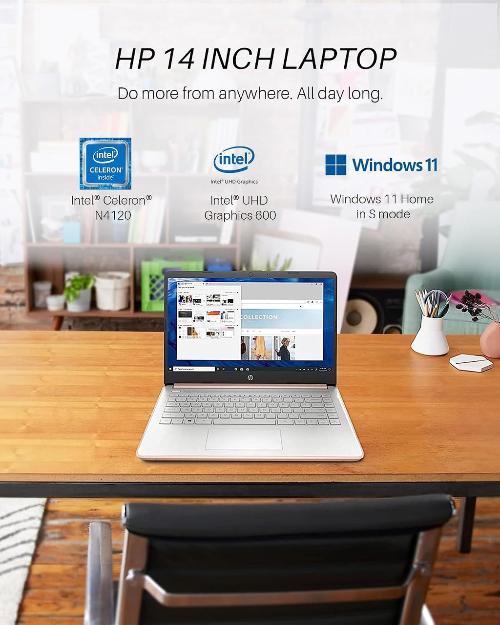 HP Stream 14' Laptop for Students & Business, Intel Quad-Core N4120, 16GB RAM, 128GB eMMC, Long Battery Life, UHD Graphics, Thin & Portable, HD Webcam, Windows 11 Pro