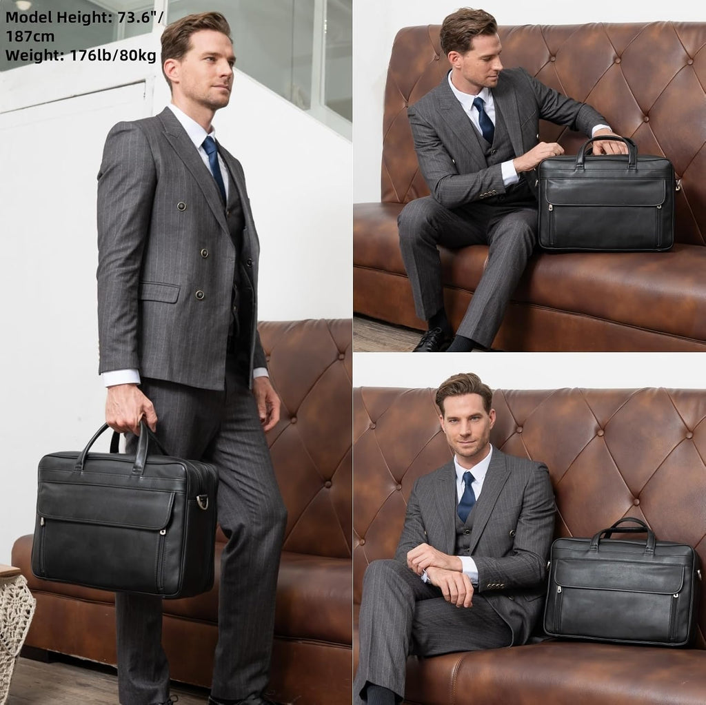 Masa Kawa Leather Briefcase for Men 15.6', 17' Laptop Computer Case Business Travel Work Messenger Cross Body Shoulder Bag