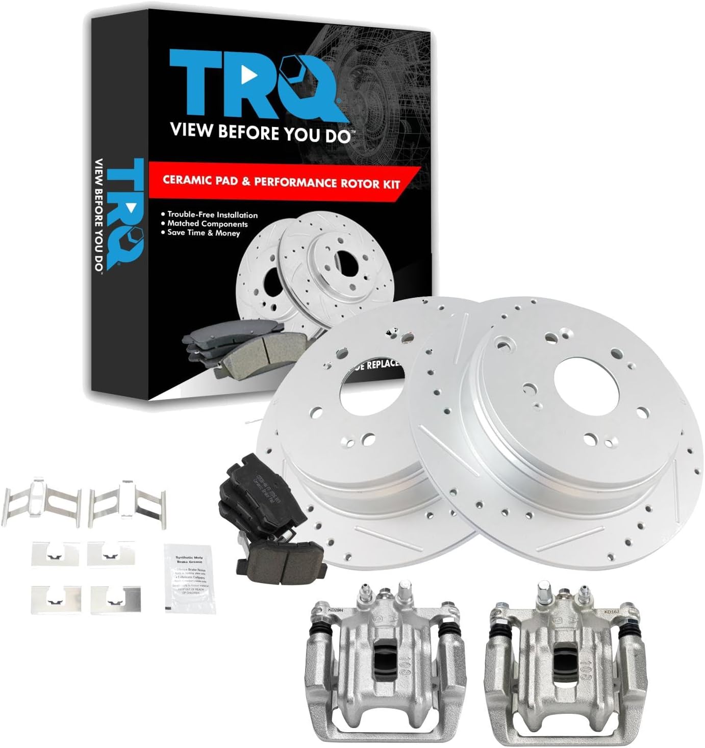 TRQ Performance Rear Brake Pad and Rotor Set Ceramic Solid Rotors Calipers Compatible with 2007-2012 Acura RDX