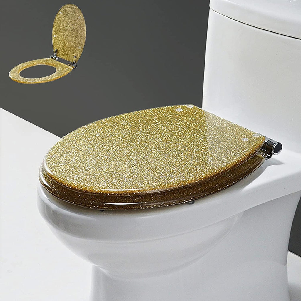 Glitter Toilet Seat Slow Close Resin Round, Sparkling for Bathroom - Decorative Glam Easy Clean,Gold (Gold)