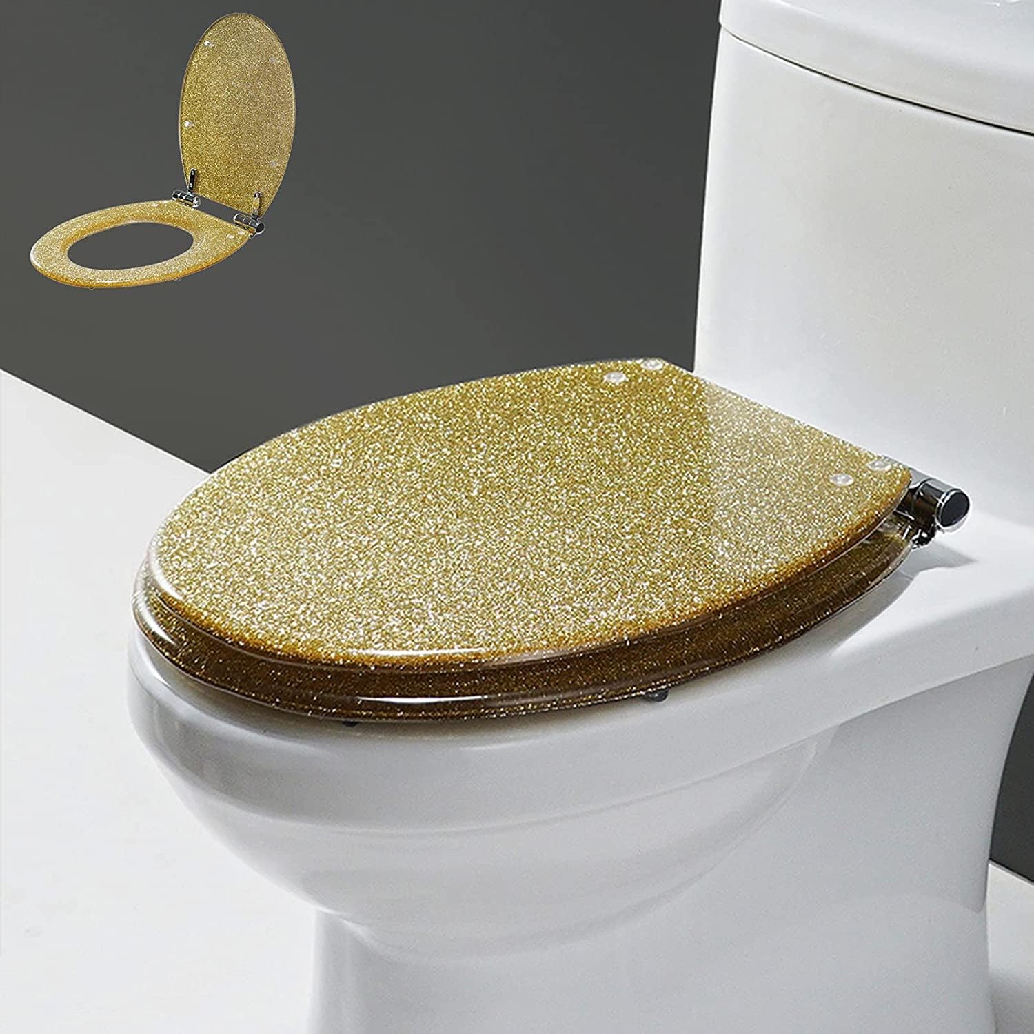 Glitter Toilet Seat Slow Close Resin Toilet Seat Round, Sparkling Toilet Seat for Bathroom - Decorative Glam Toilet Seat Easy Clean,Silver(Gold)
