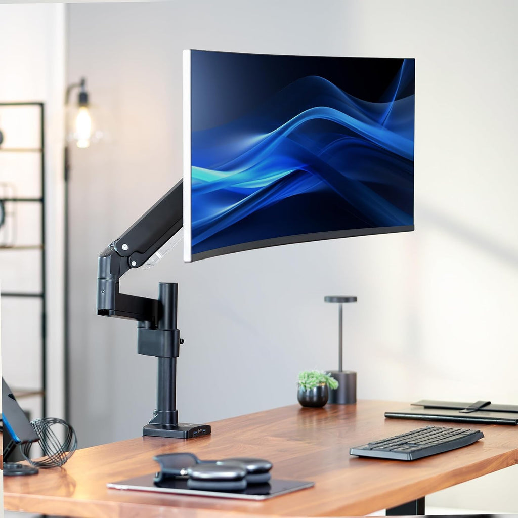 VIVO Premium Aluminum Tall Extended Monitor Arm for Ultrawide Monitors up to 49 inches and 33 lbs, USB Single Desk Mount Stand, Pneumatic Height Adjust, Max VESA 100x100, Black, STAND-V101GTU