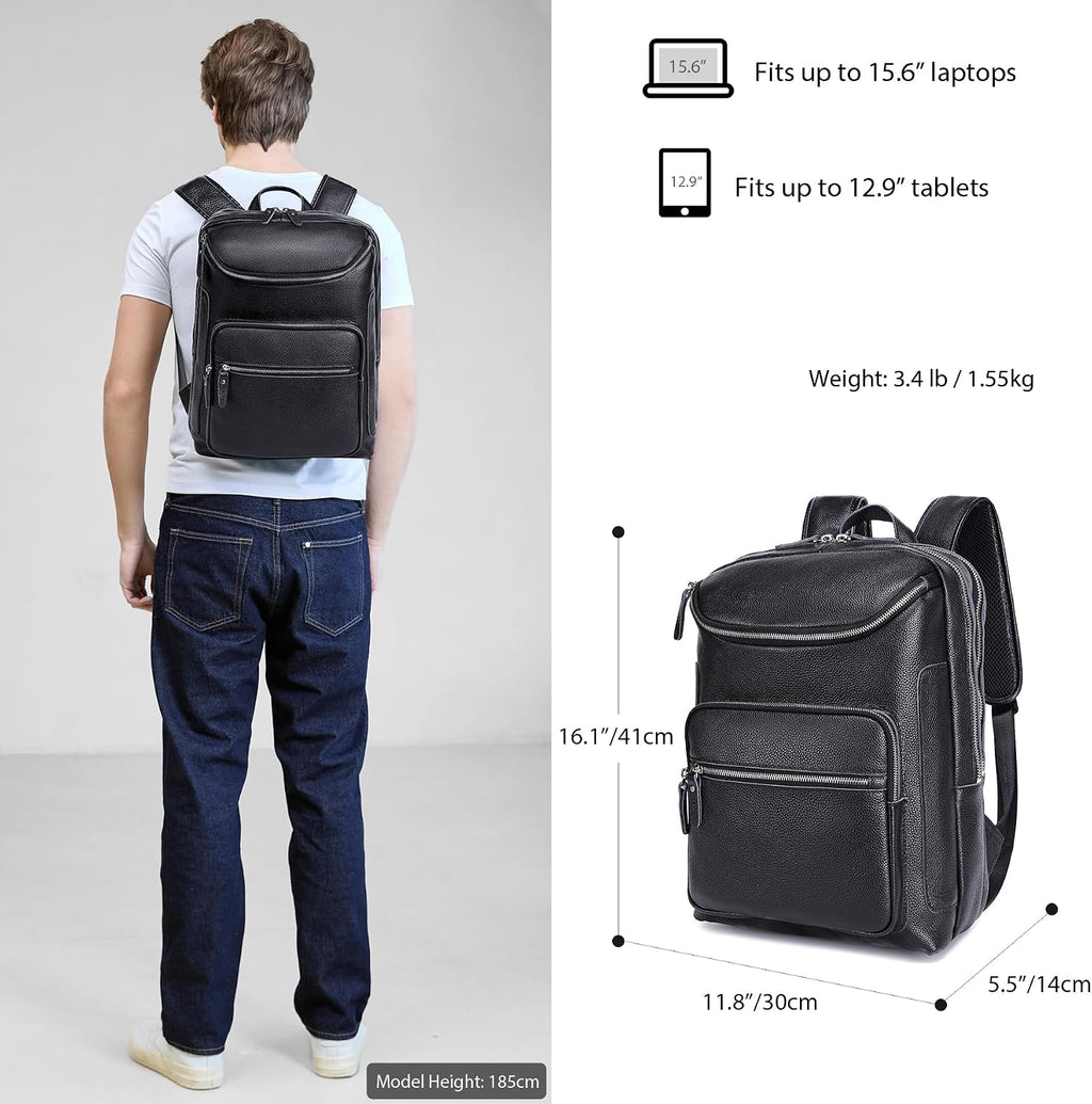LANNSYNE Leather Backpack For Men, 15.6' Leather Laptop Backpack Hiking Travel Bag Camping Rucksack