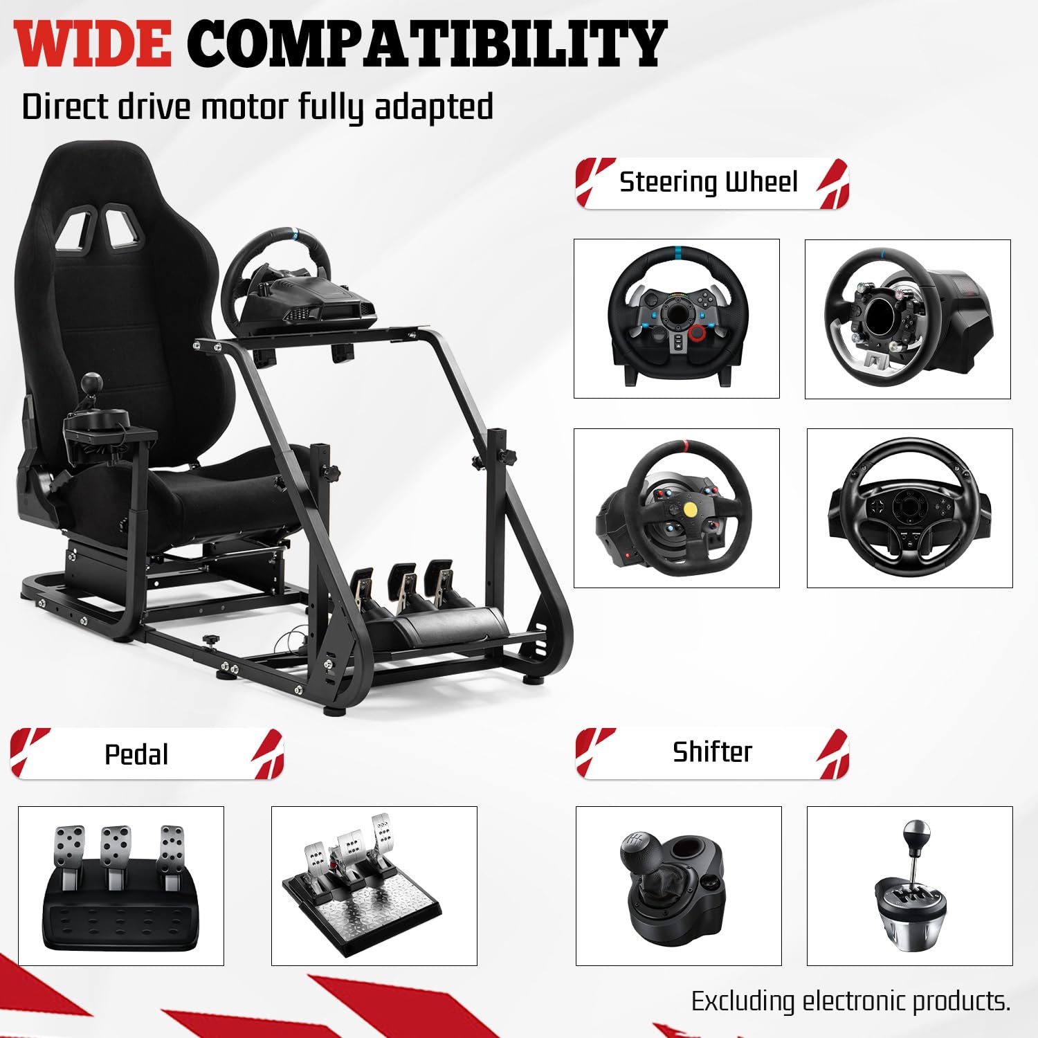 Marada Racing Simulator Cockpit with Comfort Gaming Seat Mountable Monitor Stand Fit for Logitech G25 G27 G29, for Thrustmaster T248 T300, for Fanatec, Driving Race Sim Mount No Steering Wheel Pedal
