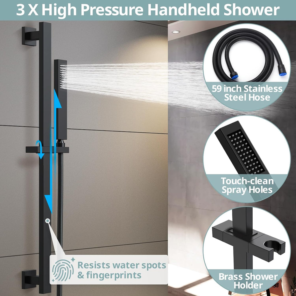 Dual Shower Heads Shower System: Aposhion Thermostatic Shower System - 16' & 6' Rainfall Shower Heads with Handheld Sprayer & 6 Body Massage Jets, Bathroom Shower Faucet Set with Valve, Matte Black