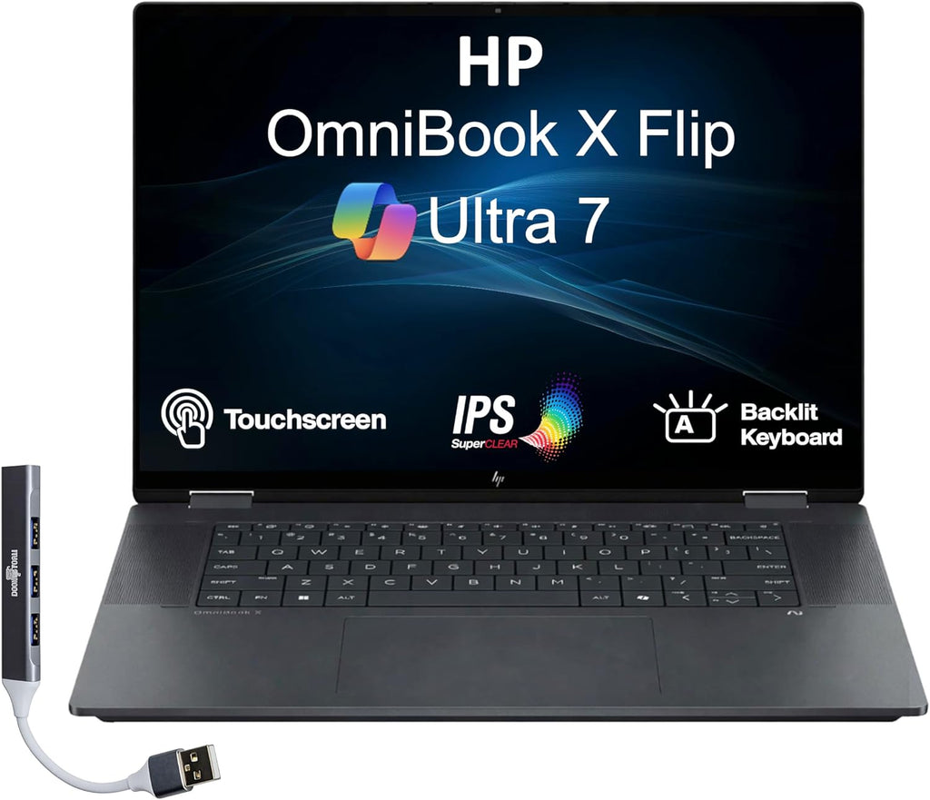 HP OmniBook X Flip AI Powered 2-in-1 Copilot+ Laptop (NextGen Envy x360) 16.0' Touch IPS WUXGA (Intel Ultra 7-258V, 32GB LPDDR5X, 2TB SSD, Backlit KB, Thunderbolt 4, Win11P) w/DKZ USB Port Expander