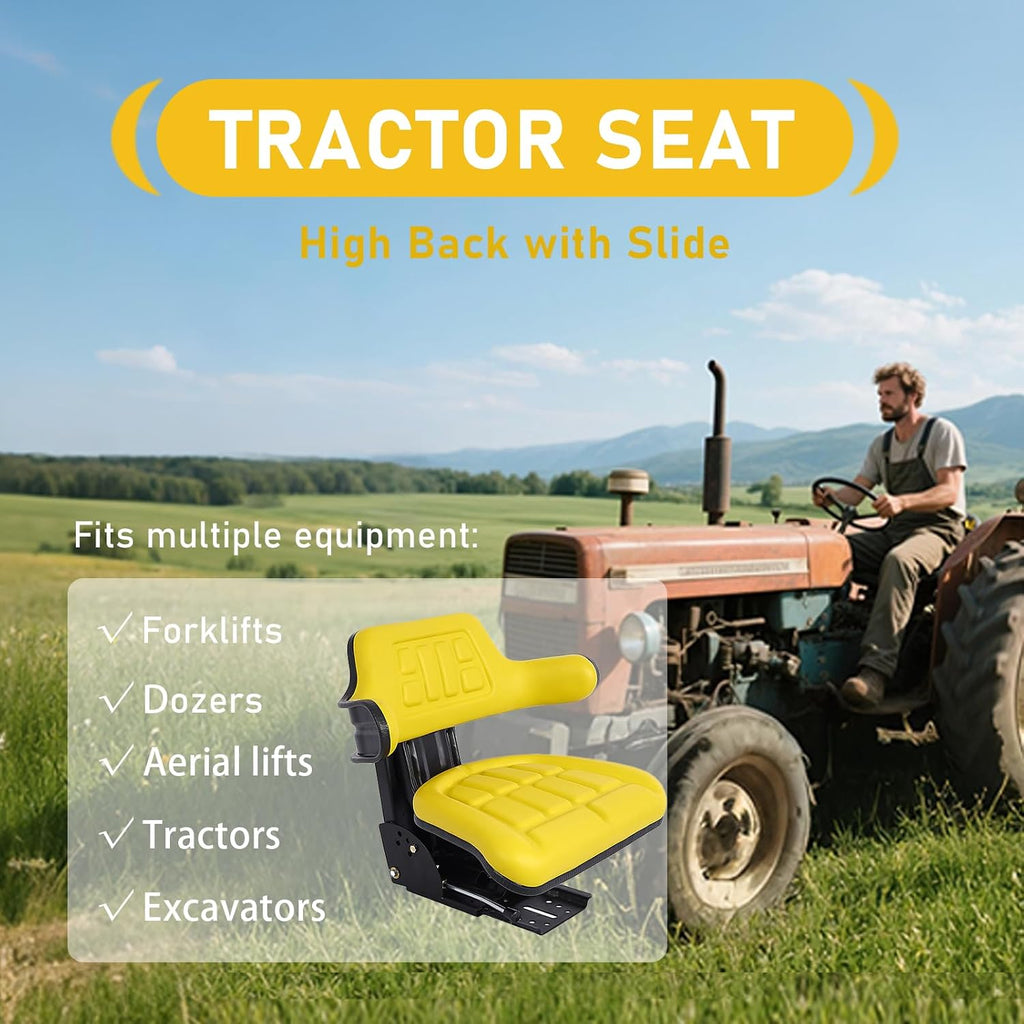 Universal Adjustable Ergonomics Tractor Seat with Heavy-Duty Padded Vinyl Cover, 110-265 LBS Weight Capacity, Heavy Duty Steel for Long-Lasting Comfort (Yellow)