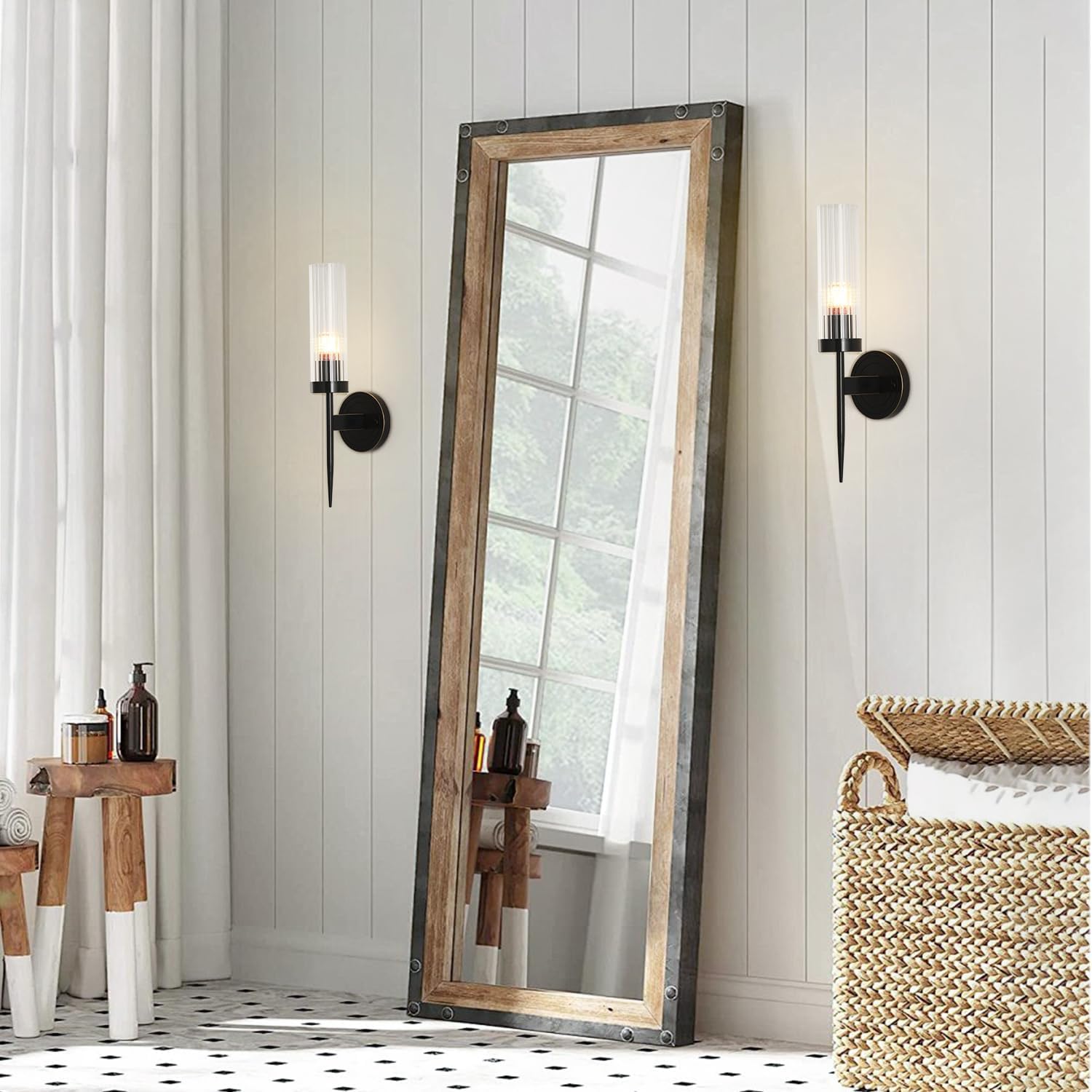 BOKT Mid Century Modern Black Slim Wall Sconce Lighting Set of Two 1-Light Clear Cylinder Glass Sconces Wall Lighting Set of 2 Minimalist Single Bathroom Vanity Light Fixture