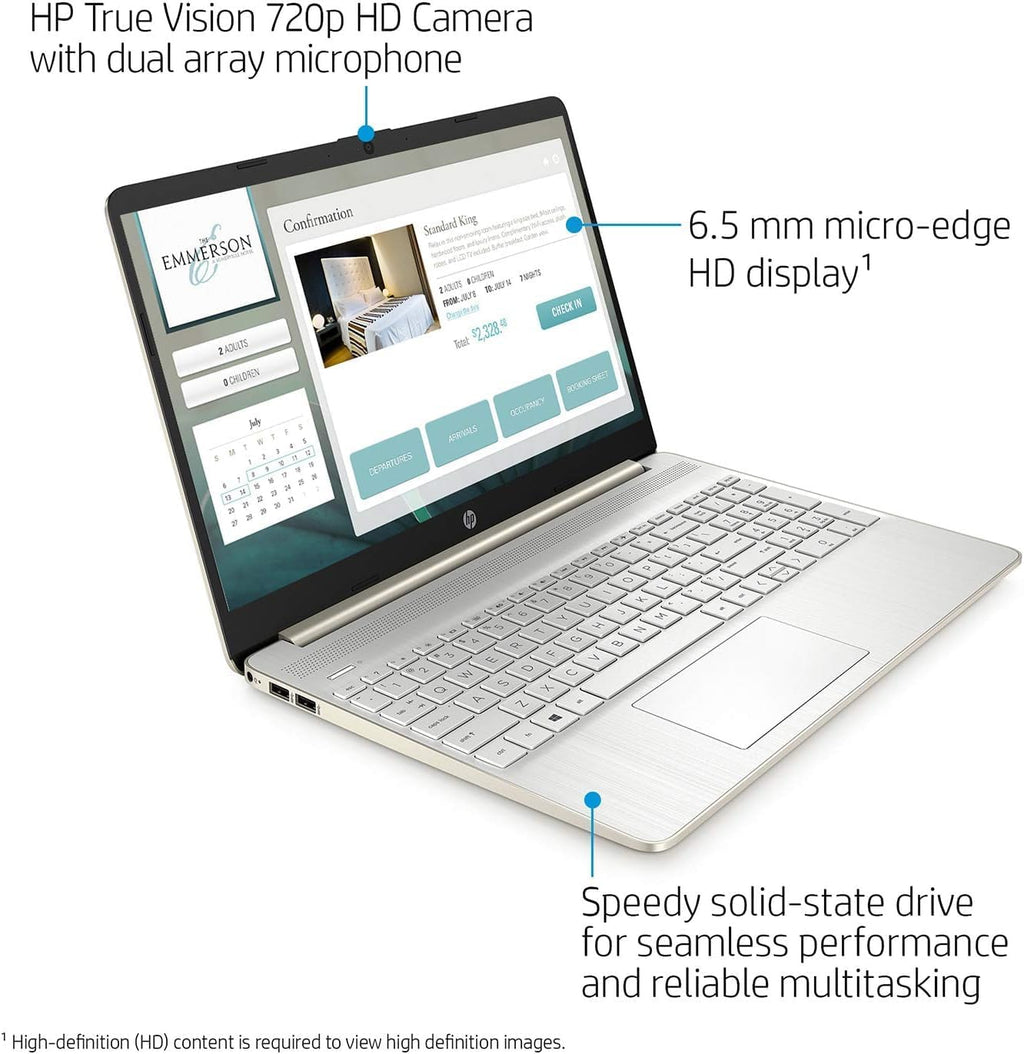 HP 15.6' Everyday Laptop, AMD Efficient Dual-Core Processor, 8GB RAM, 128GB SSD, USB-C, SD Card Reader, HDMI, Wi-Fi & Bluetooth, Long Battery Life, Windows 11 with 1 Year Microsoft 365, Gold