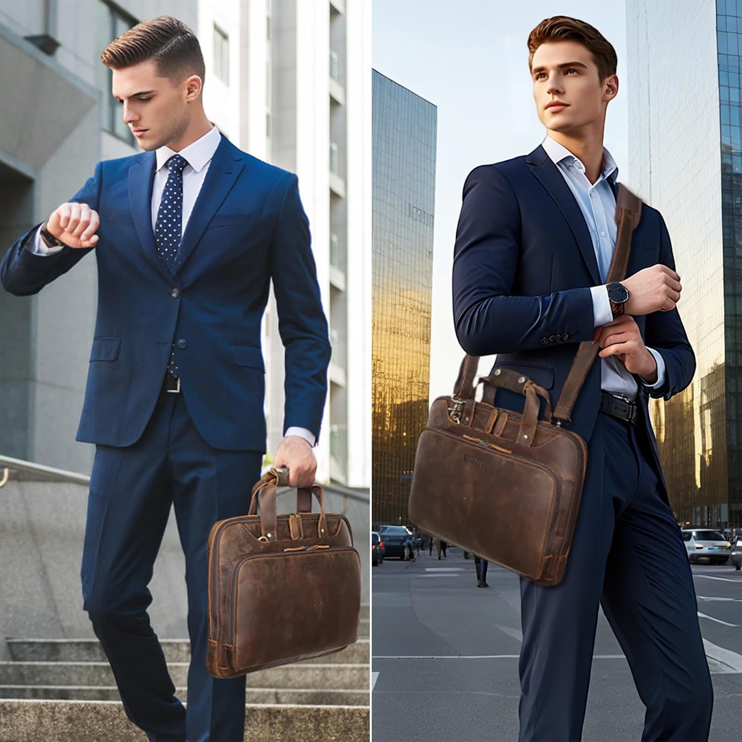 Masa Kawa Leather Laptop Briefcase for Men Fits 15.6' 16' Computer Slim Crossbody Shoulder Messenger Bag Attache Case for Business Work, Vintage Brown