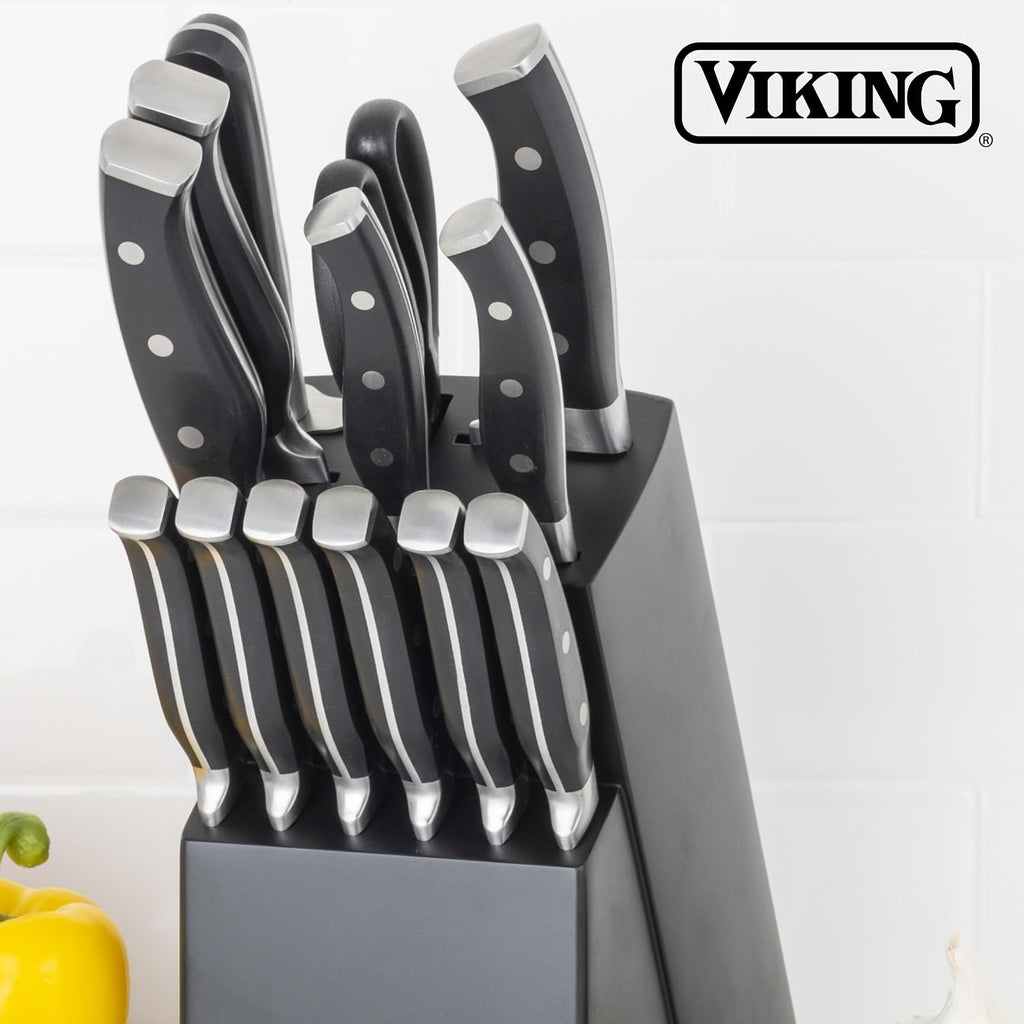 Viking 14 Piece Kitchen Knife Set with Black Block, Cutlery Set with Stainless Steel Blades and Ergonomic Handles, Dishwasher Safe