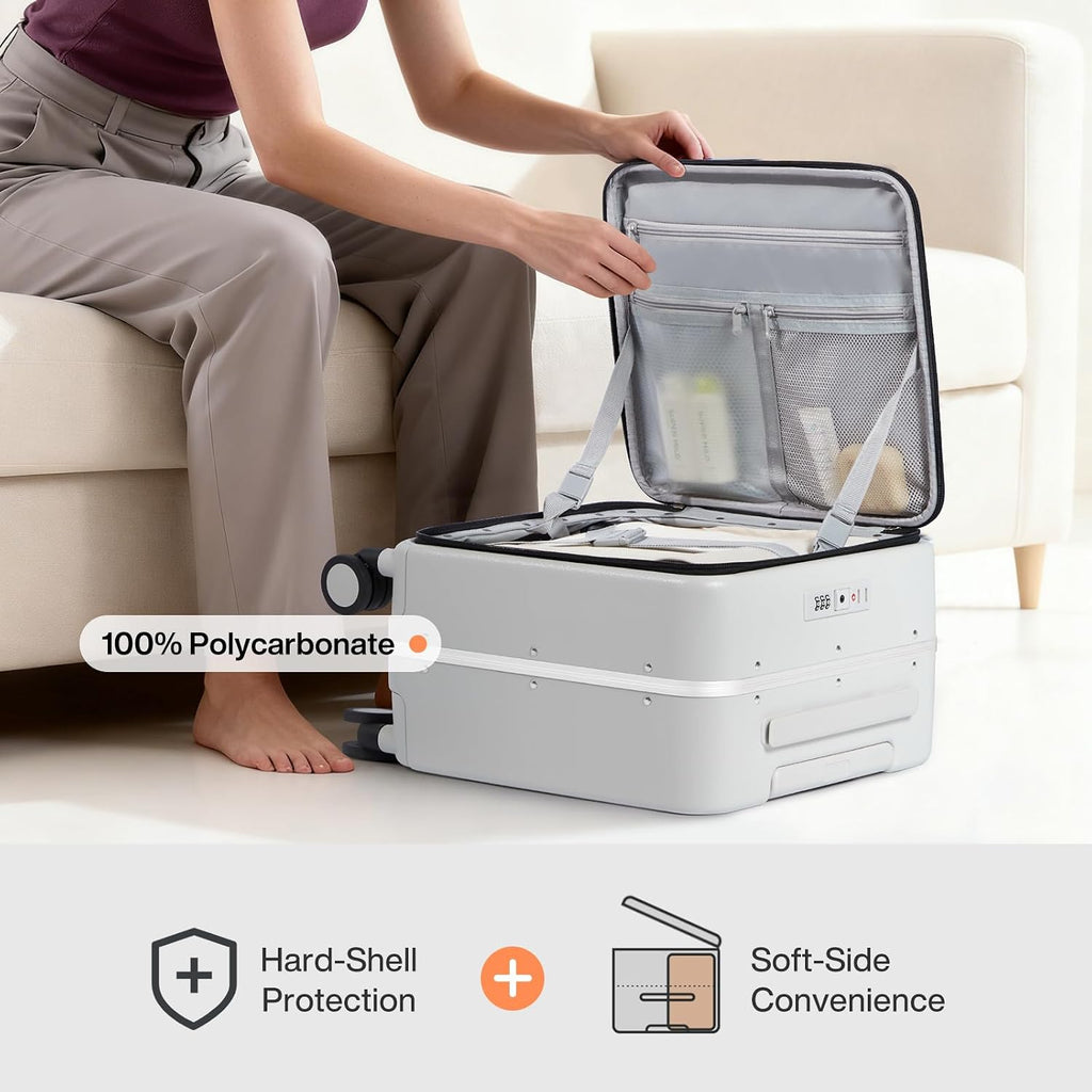 mixi 17x14x9 Carry On Luggage Underseat PC Hard Shell Suitcase Top Opening Aluminum Frame Travel Suitcases with Wheels, Smoke White