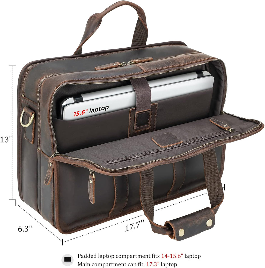 Polare 17'' Full Grain Leather Briefcase Laptop Attache Case Messenger Bag For Men Fits 15.6'' Laptop