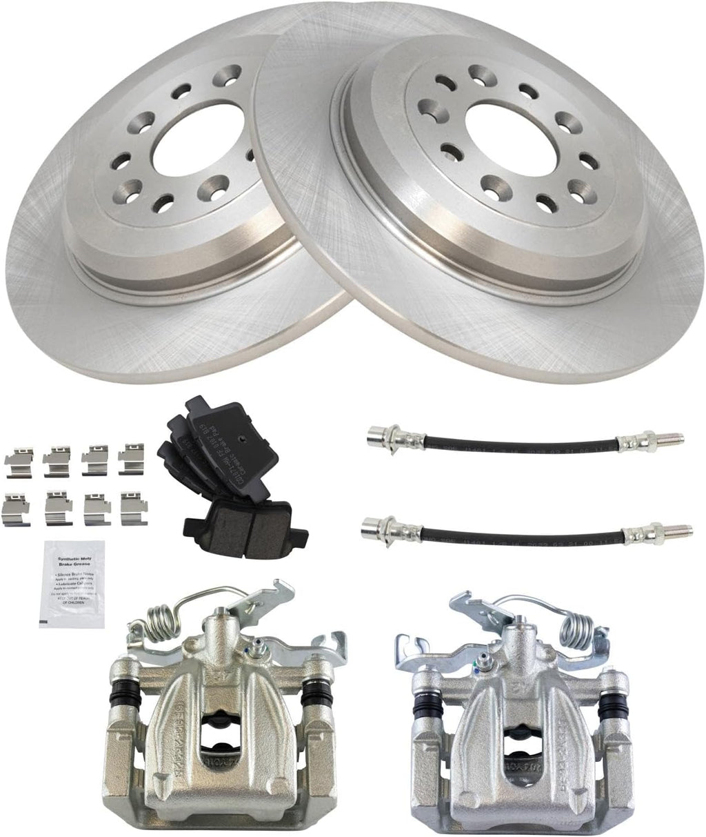 TRQ Rear Brake Pad and Rotor Set Ceramic Rotors Calipers Hoses Compatible with 2005-2007 Ford Five Hundred Freestyle Mercury Montego