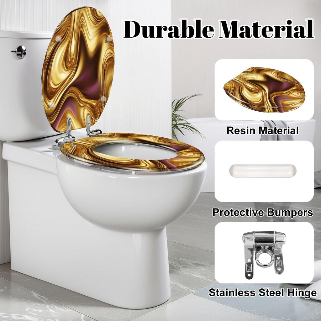 Elongated Toilet Seat Liquid abstract swirl fluid gold silver bronze Resin Toilet Seat Slow Quiet Close Lid with Quick-Release Hinges Cover Bumpers Easy to Clean Install