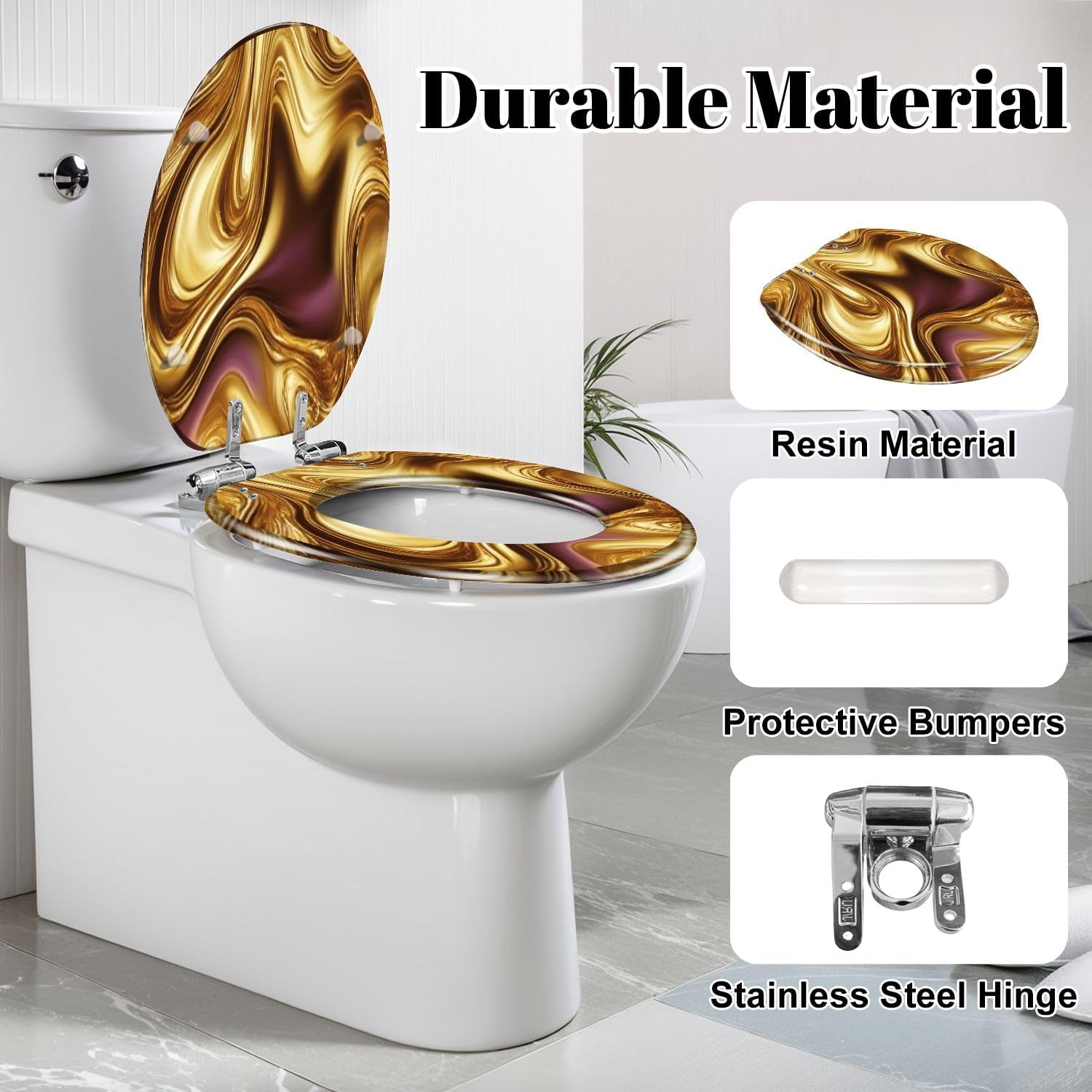Elongated Toilet Seat Liquid abstract swirl fluid gold silver bronze Resin Toilet Seat Slow Quiet Close Lid with Quick-Release Hinges Cover Bumpers Easy to Clean Install