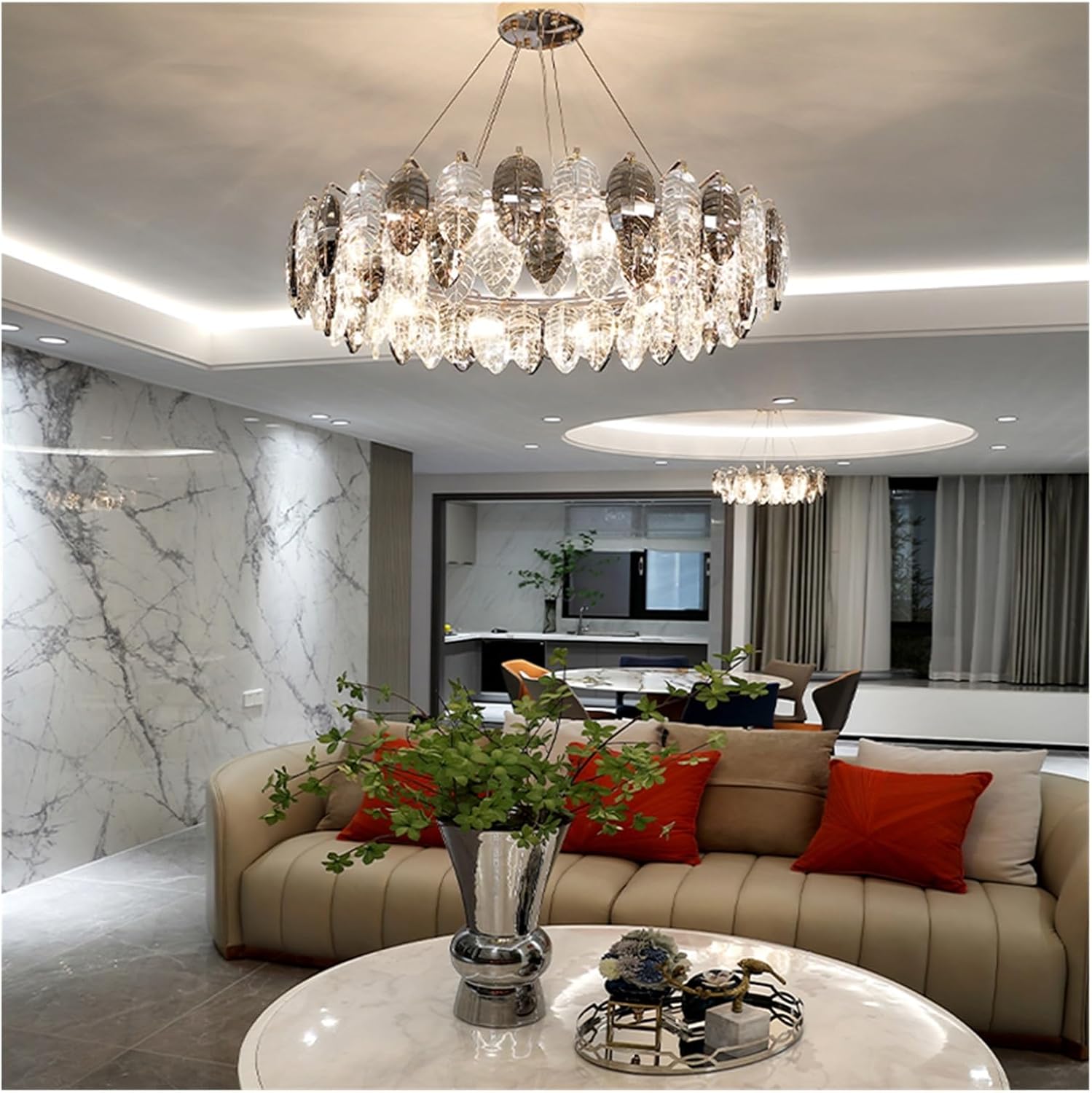 Artistic Leave Design Gold Silver Crystal LED Dimmable Hanging Lamps Pendant Light Suspension Luminaire Lamp for Living Room,Dining Light Fixtures