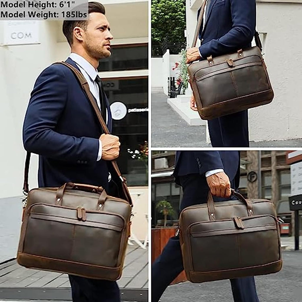 Masa Kawa Leather Briefcase for Men 17/15.6' Laptop Crossbody Shoulder Messenger Bag Business Travel Work Attache Case