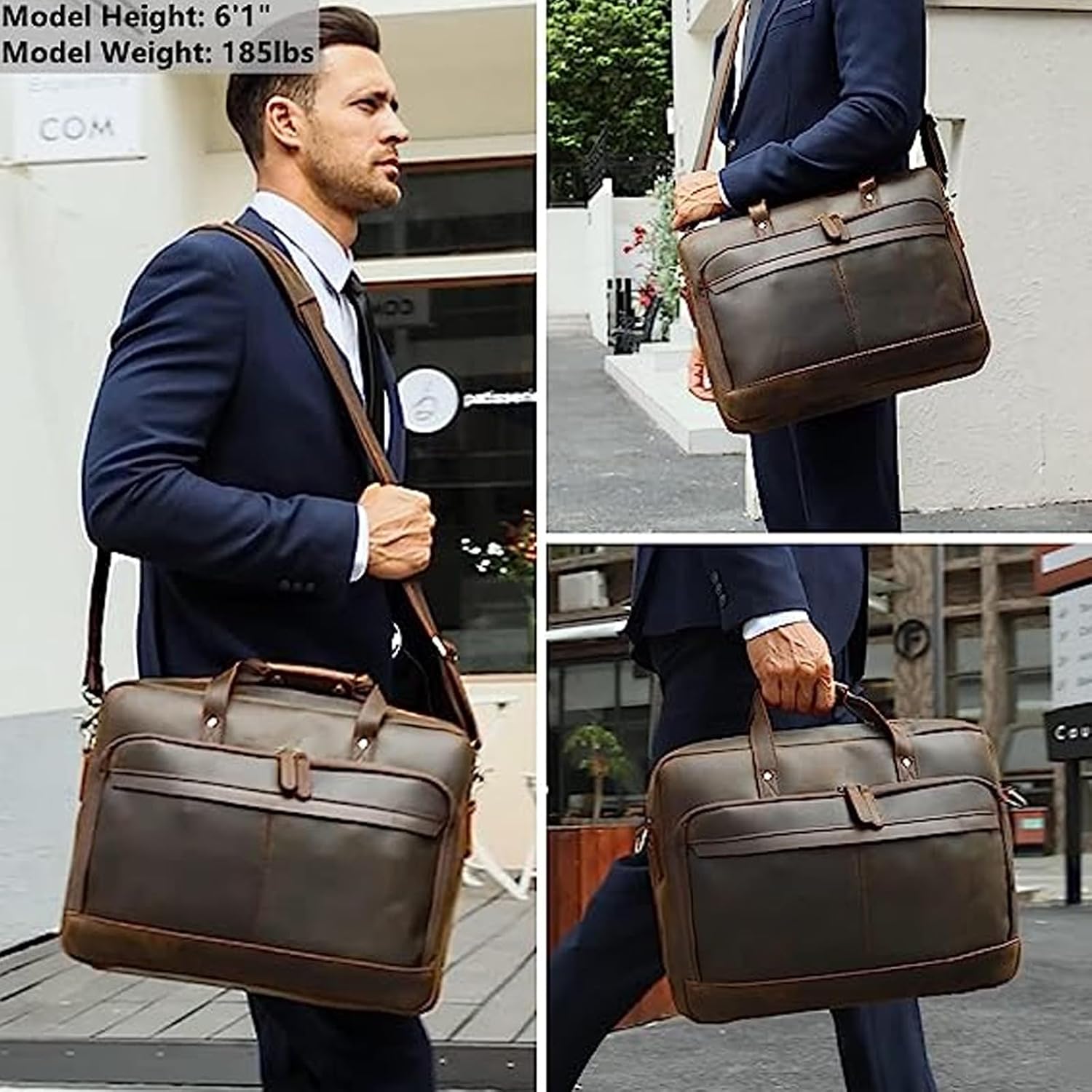 Masa Kawa Leather Briefcase for Men 17/15.6' Laptop Crossbody Shoulder Messenger Bag Business Travel Work Attache Case