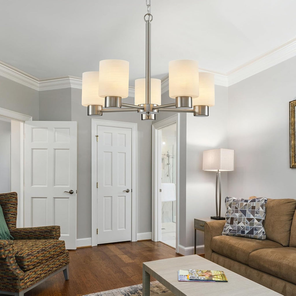 WUZUPS 5-Light Pendant Chandelier Light Frosted White Glass Shade with Grain Ceiling Lighting Elegant Modern Fixture Bathroom Kitchen Dining Room Entry Foyer, H 15.8' W21, E12 Base, Brushed Nickel