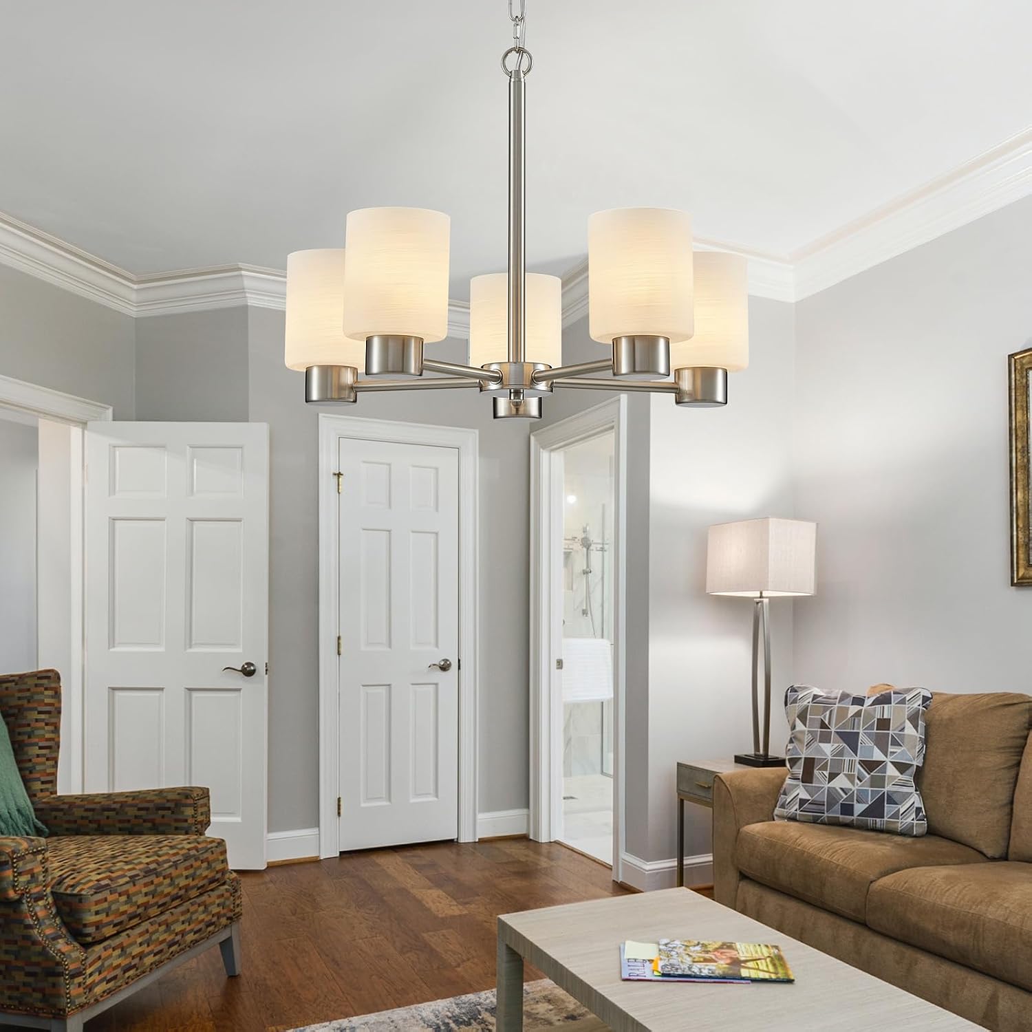 WUZUPS 5-Light Pendant Chandelier Light Frosted White Glass Shade with Grain Ceiling Lighting Elegant Modern Fixture Bathroom Kitchen Dining Room Entry Foyer, H 15.8' W21, E12 Base, Brushed Nickel