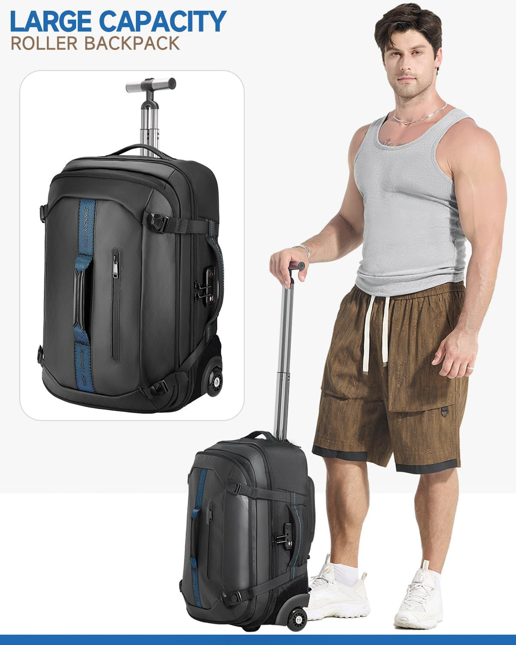 Backpack with wheels,Rolling laptop backpack with 2 Packing Cubes,Water-Resistant,Carry-On Luggage Suitcase for Men Adults to Travel, Commuting,Black